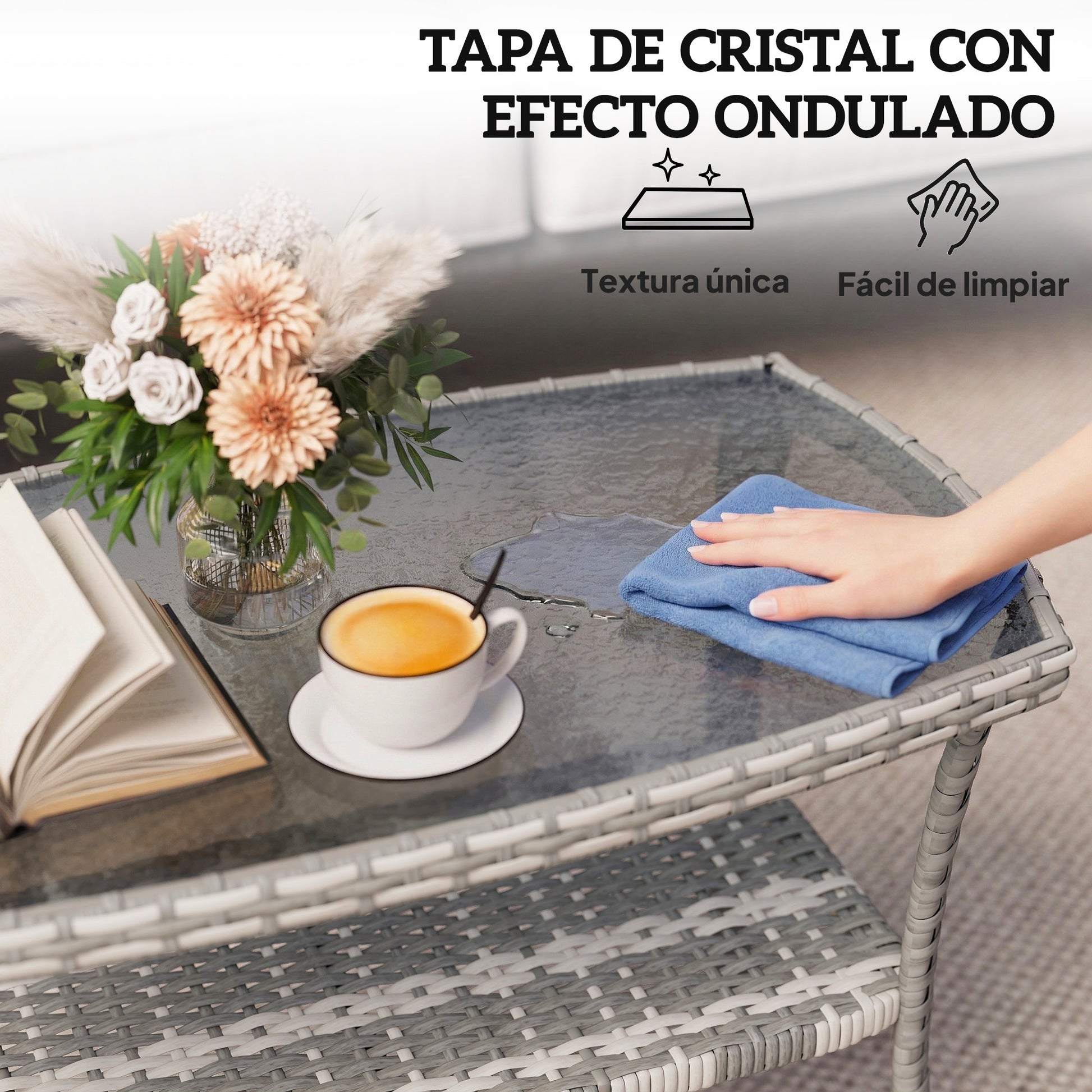 Outsunny Mesa de Jardín Exterior de Ratán con Estante, Mesita Auxiliar de Jardín Rectangular, Tablero de Vidrio Templado con Ondas, Estructura de Acero, para Terraza, Patio, 90x50x45 cm, Gris Oscuro