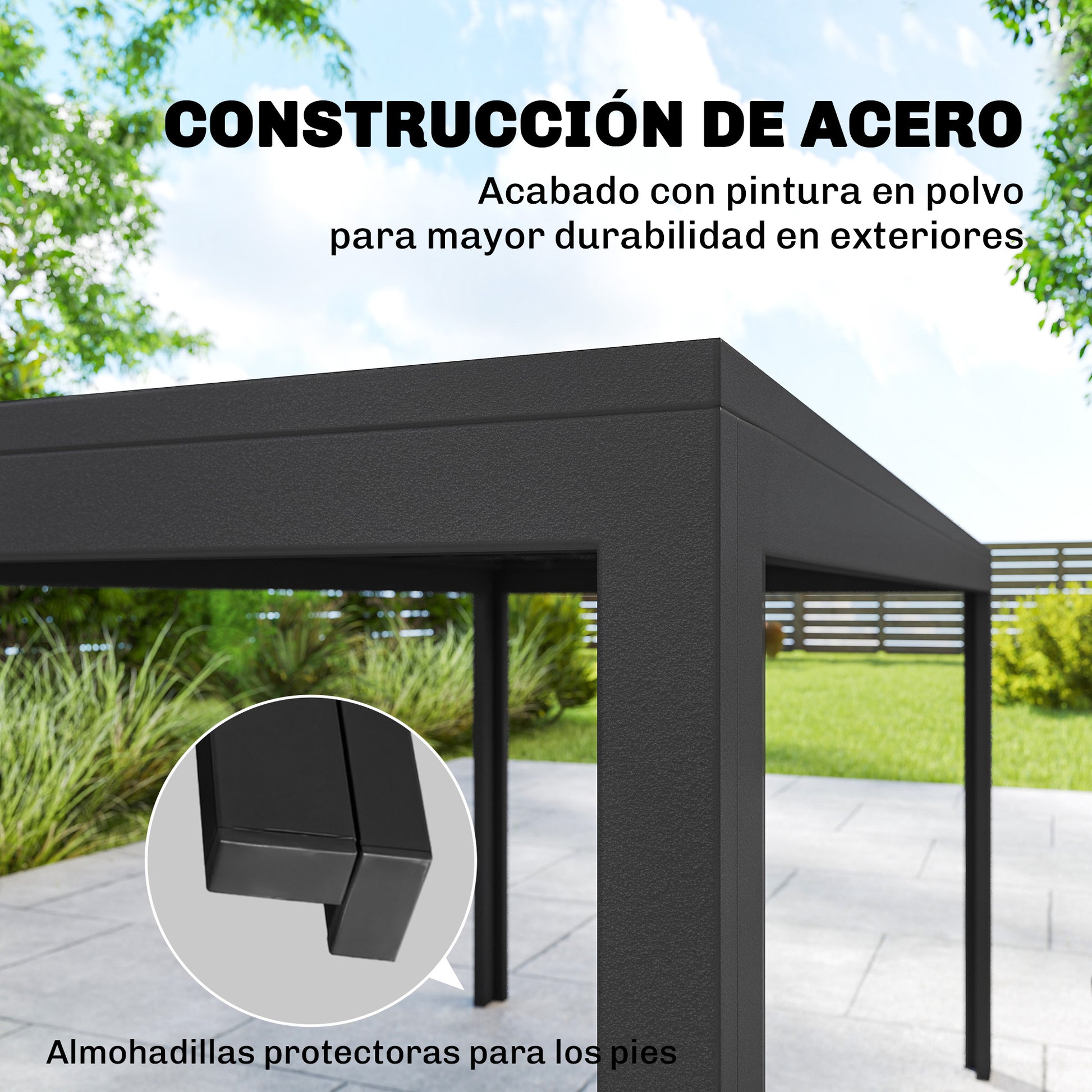 Outsunny Conjunto de Mesa y Sillas Jardín de 7 Piezas, Muebles Jardín Exterior con Mesa Metálica Efecto Madera con Agujero, 6 Sillas Apilables Transpirables, Marco de Acero Resistente, Gris Mixto