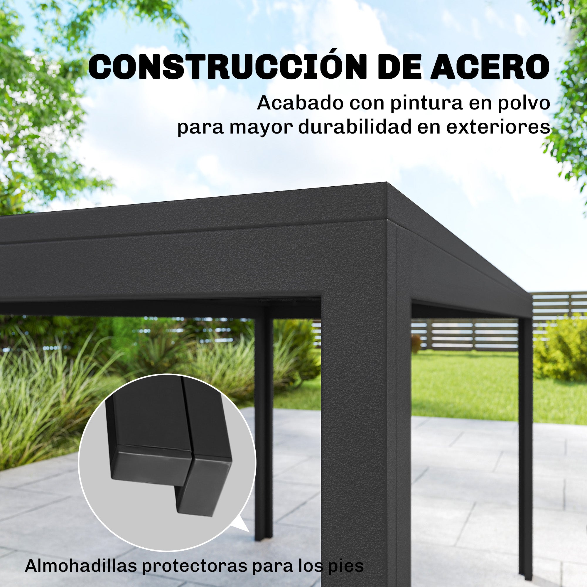 Outsunny Conjunto de Mesa y Sillas Jardín de 7 Piezas, Muebles Jardín Exterior con Mesa Metálica Efecto Madera con Agujero, 6 Sillas Apilables Transpirables, Marco de Acero Resistente, Gris Mixto