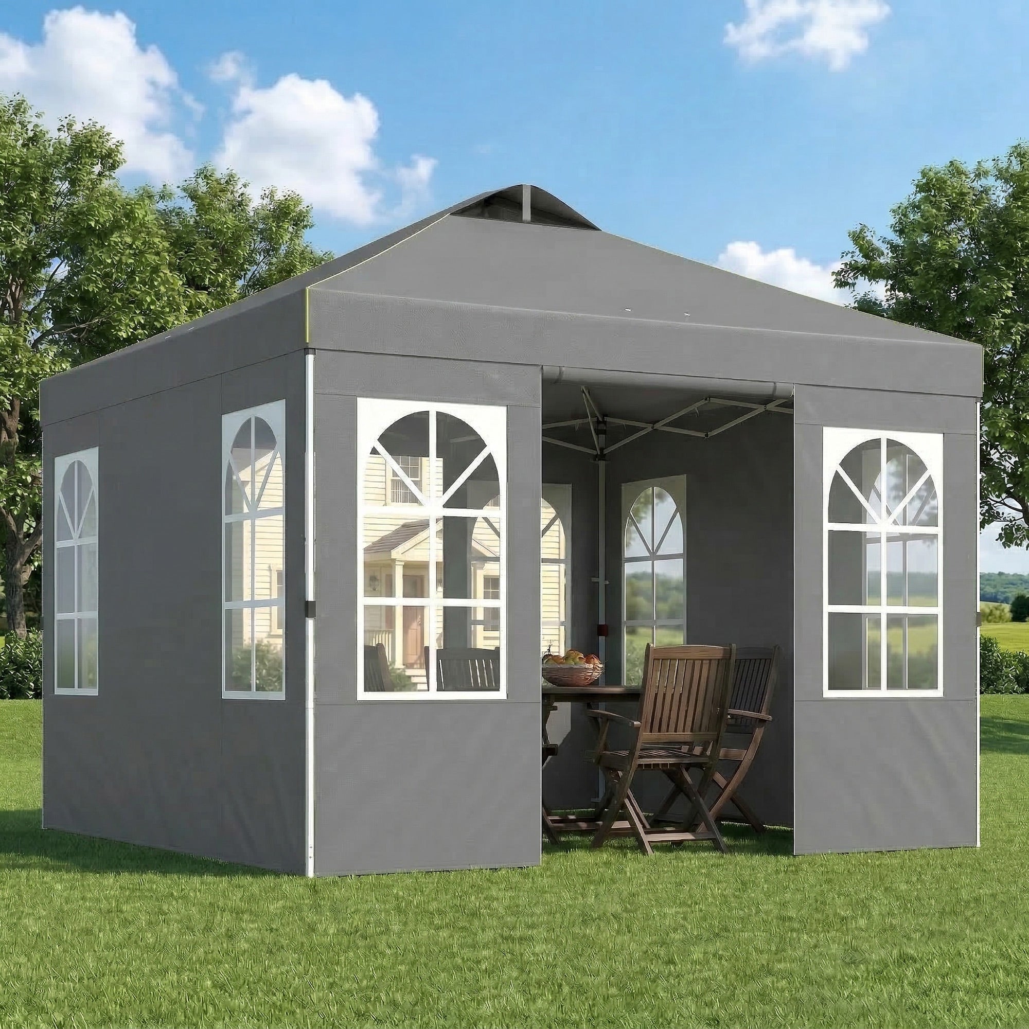 Outsunny Carpa Plegable 3x3 m, Pop-up, con 4 Laterales Extraíbles, Cenador de Jardín con UPF50+, Bloqueo Central, Altura Ajustable, Bolsa de Transporte, Sacos Arena, Gazebo para Exterior, Gris Oscuro