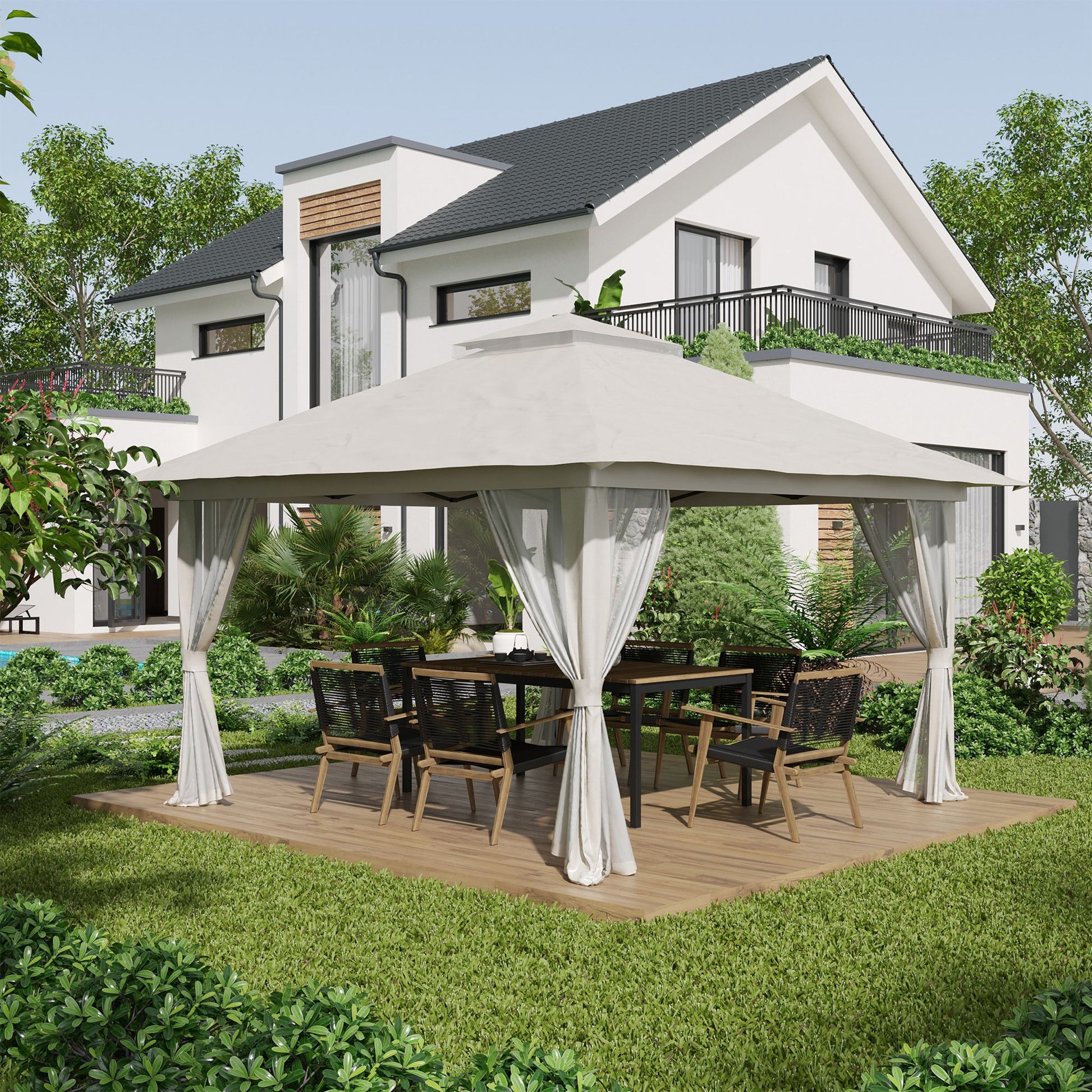 Outsunny Carpa Plegable Pop-up 4x4x2,8 m Cenador de Jardín con Paredes Altura Ajustable Anti-UV Impermeable Doble Techo Mosquiteras y Bolsa de Ruedas Gazebo para Exterior Fiestas Camping Crema