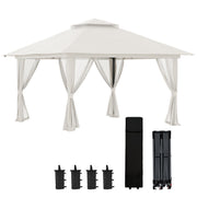 Outsunny Carpa Plegable Pop-up 4x4x2,8 m Cenador de Jardín con Paredes Altura Ajustable Anti-UV Impermeable Doble Techo Mosquiteras y Bolsa de Ruedas Gazebo para Exterior Fiestas Camping Crema