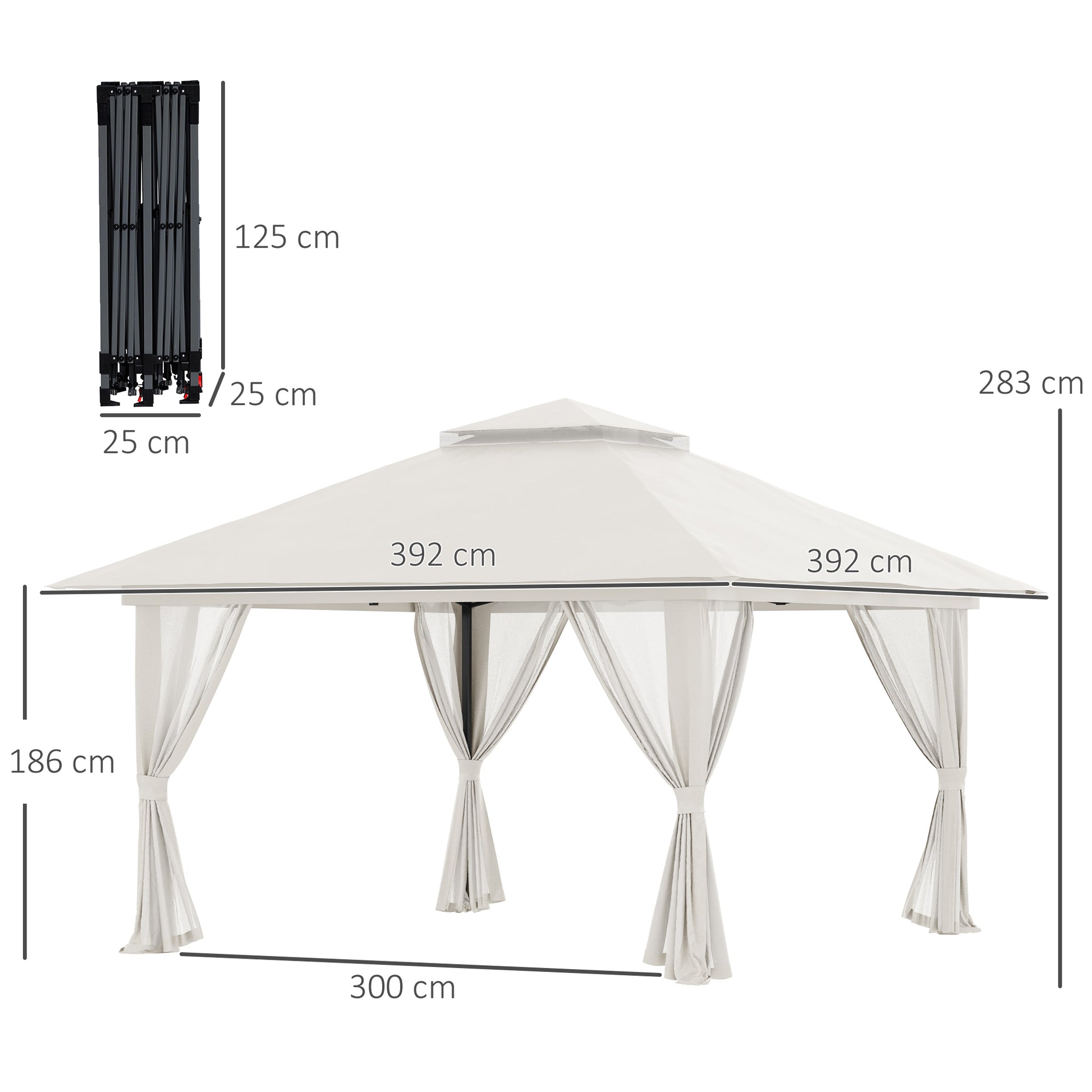 Outsunny Carpa Plegable Pop-up 4x4x2,8 m Cenador de Jardín con Paredes Altura Ajustable Anti-UV Impermeable Doble Techo Mosquiteras y Bolsa de Ruedas Gazebo para Exterior Fiestas Camping Crema