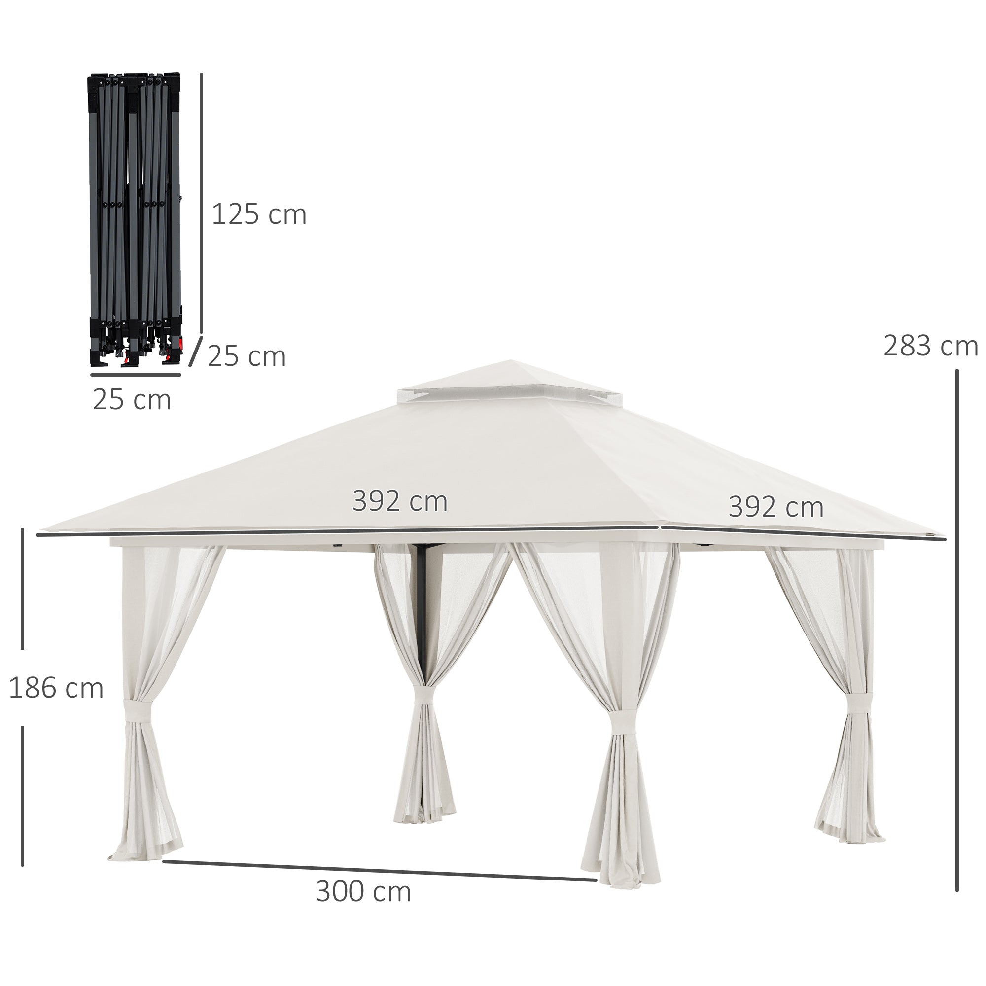 Outsunny Carpa Plegable Pop-up 4x4x2,8 m Cenador de Jardín con Paredes Altura Ajustable Anti-UV Impermeable Doble Techo Mosquiteras y Bolsa de Ruedas Gazebo para Exterior Fiestas Camping Crema