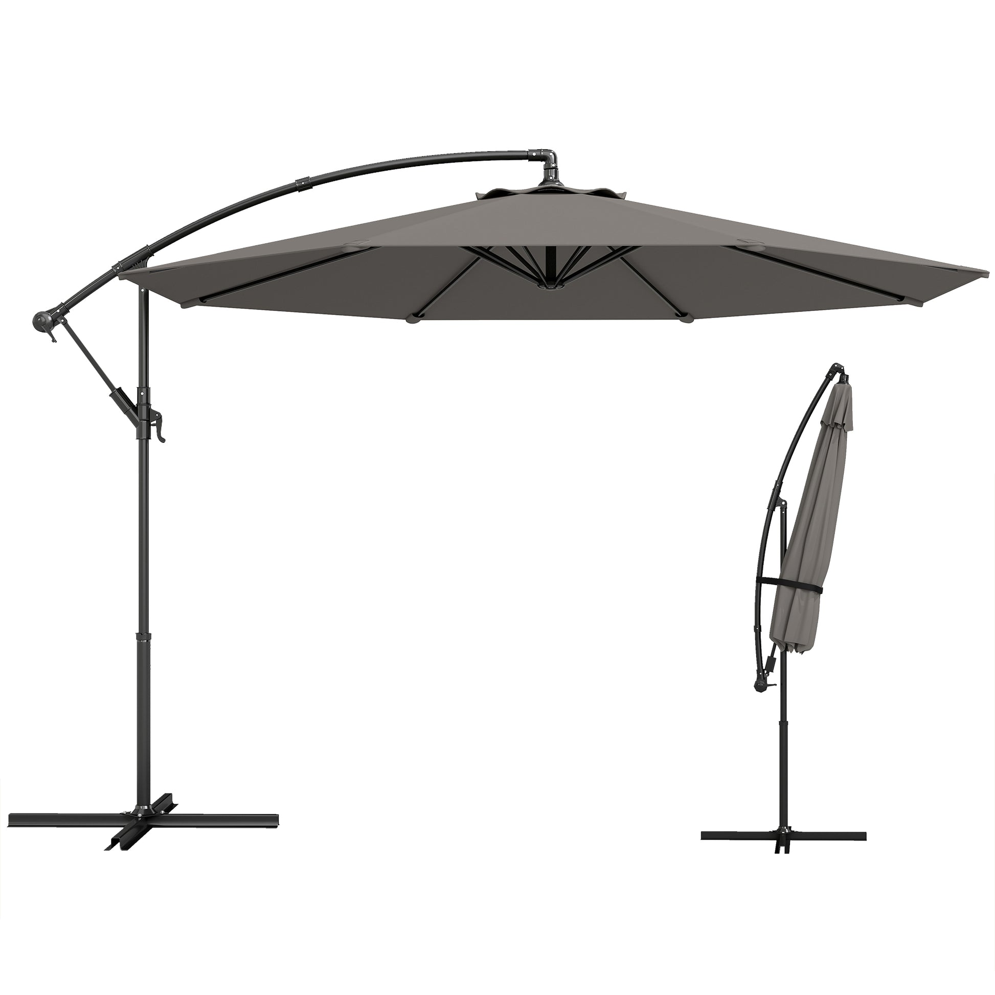 Outsunny Parasol Excéntrico, Ø300 cm, Sombrilla de Jardín con Base Cruzada, Toldo Ajustable, Manivela, 8 Barras, UPF30+, para Terraza, Patio, Exterior, Gris