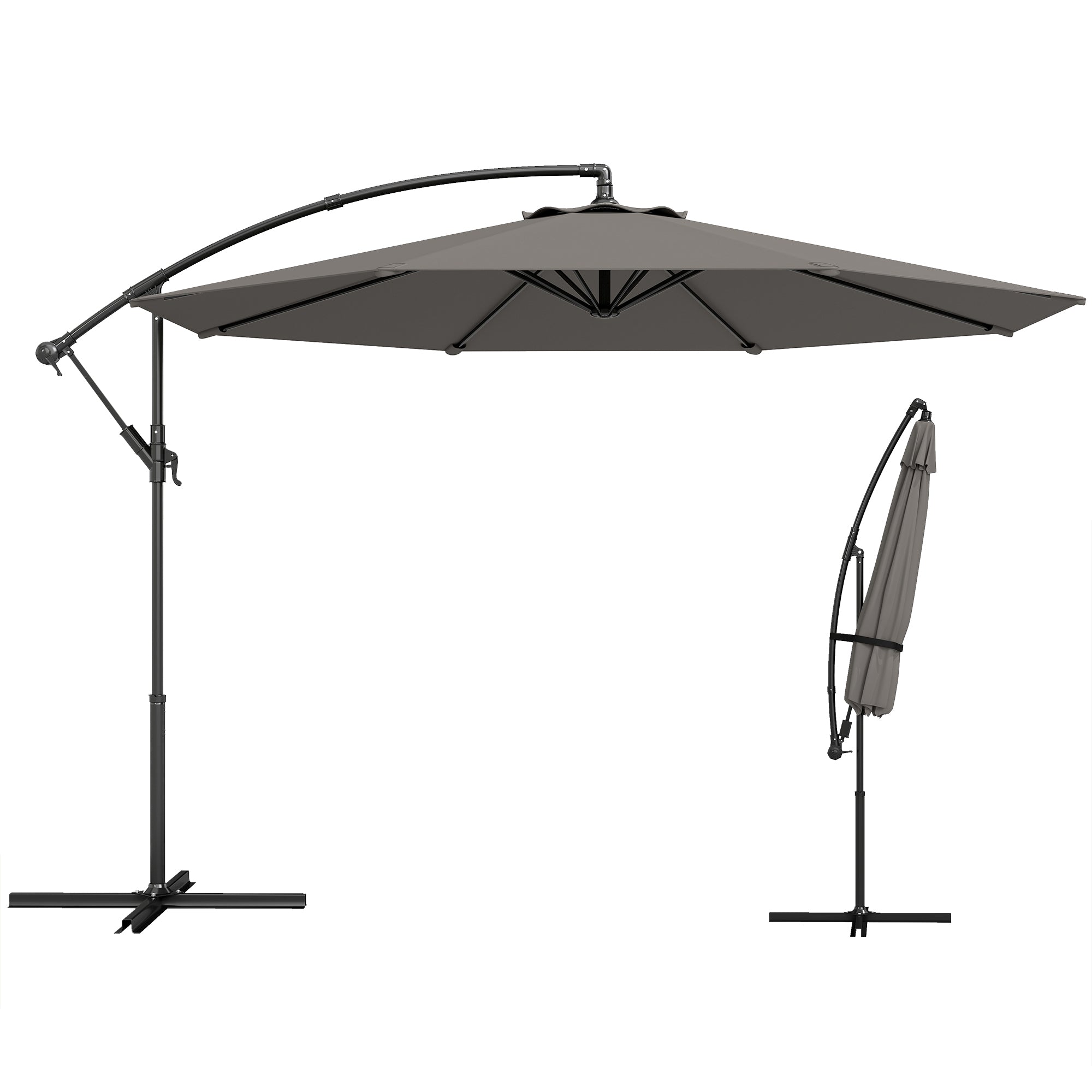 Outsunny Parasol Excéntrico, Ø300 cm, Sombrilla de Jardín con Base Cruzada, Toldo Ajustable, Manivela, 8 Barras, UPF30+, para Terraza, Patio, Exterior, Gris