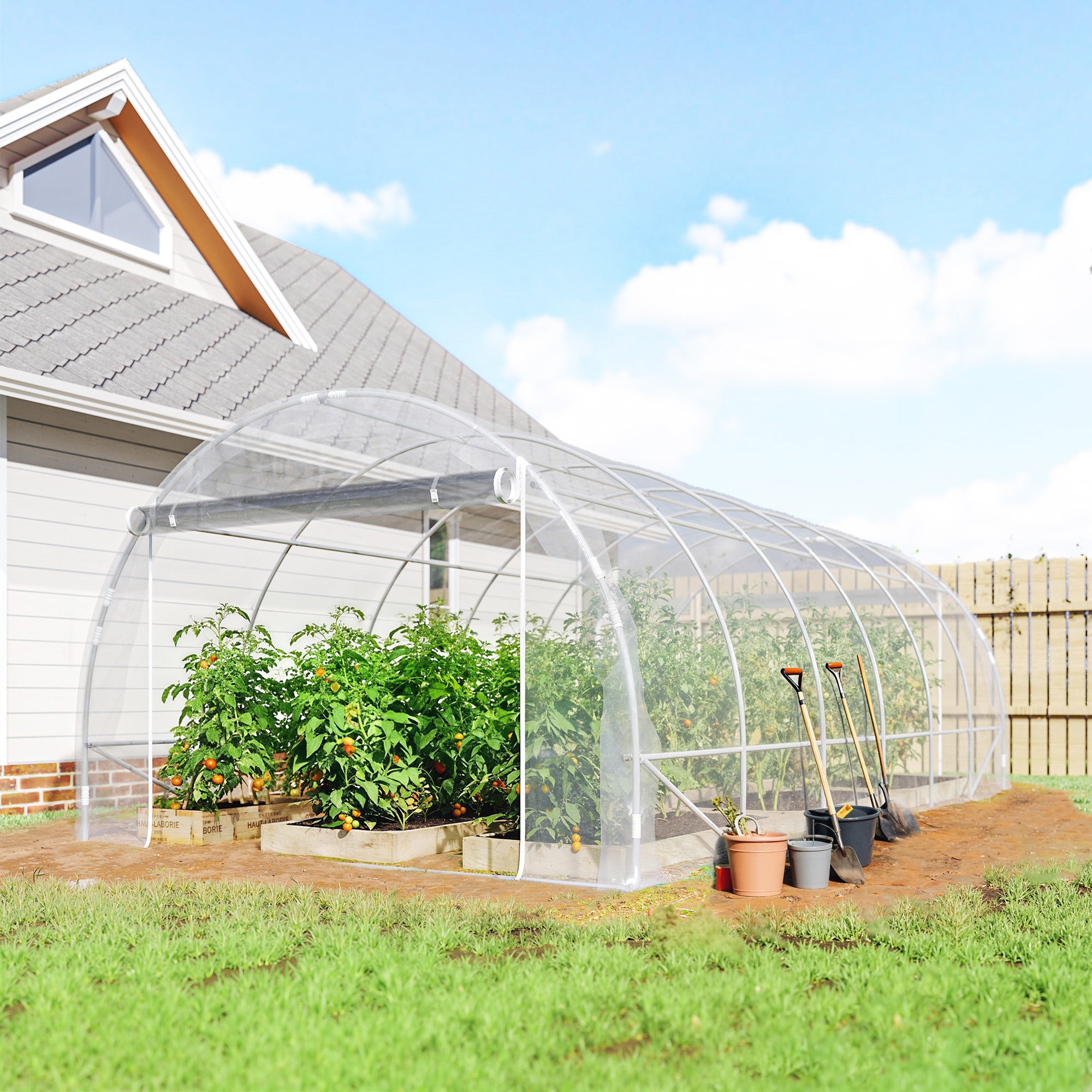Outsunny Invernadero de Exterior 6x3x2 m, Invernadero de Túnel con 2 Puertas Enrollables, Marco de Acero Galvanizado y Cubierta de PE 150g/m², Anti-UV, Impermeable, para Cultivos, Transparente