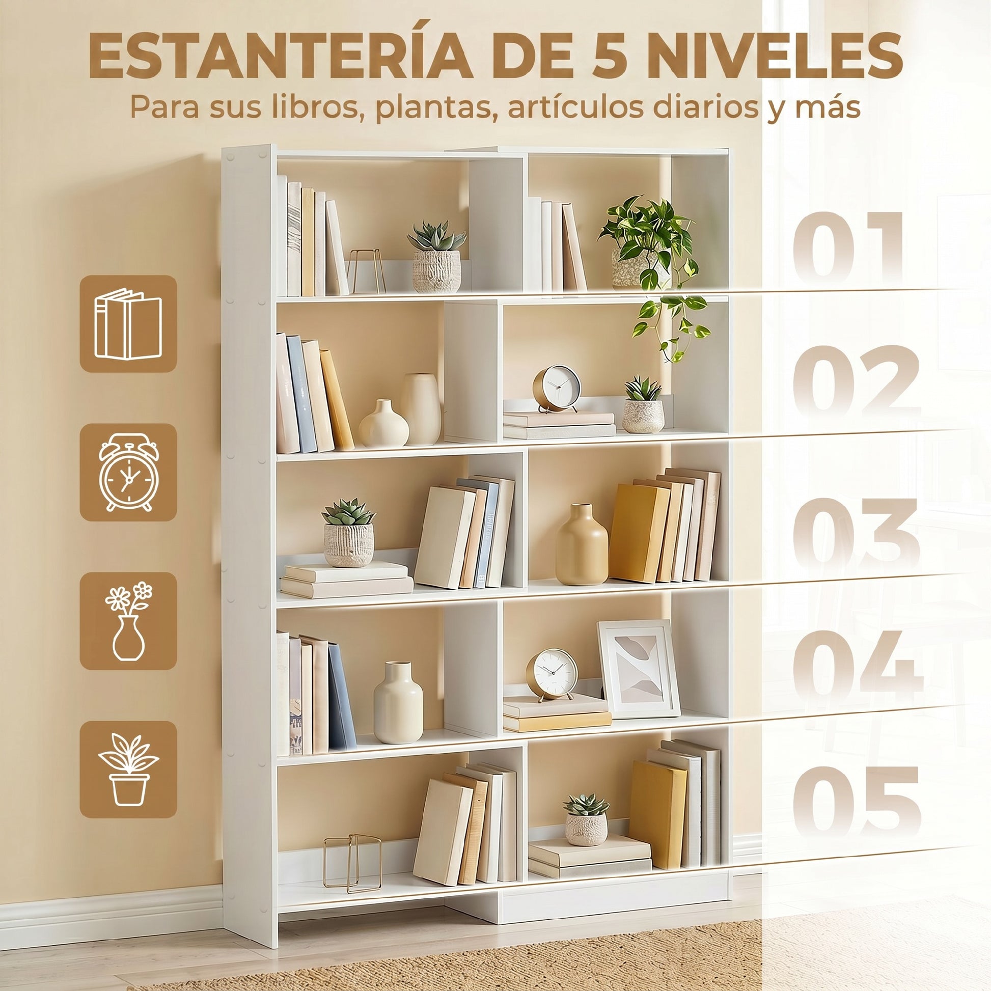 HOMCOM Estantería Expandible 5 Niveles, Librería para Libros Giratoria 350°, Ancho Ajustable, Convertible en en L, Recta o Compacta para Salón, Dormitorio, Estudio 111,5x23,8x163,7 cm Blanco