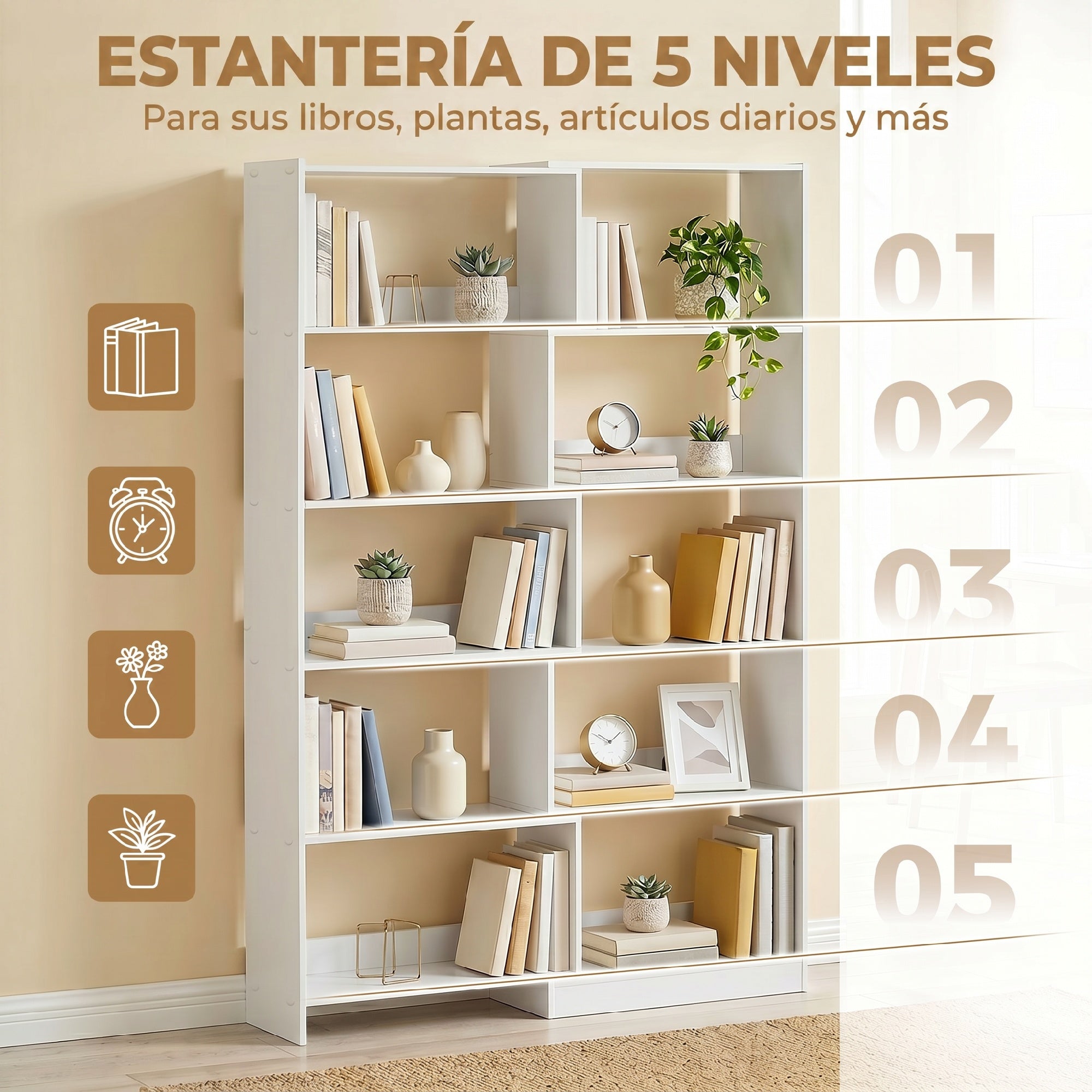 HOMCOM Estantería Expandible 5 Niveles, Librería para Libros Giratoria 350°, Ancho Ajustable, Convertible en en L, Recta o Compacta para Salón, Dormitorio, Estudio 111,5x23,8x163,7 cm Blanco