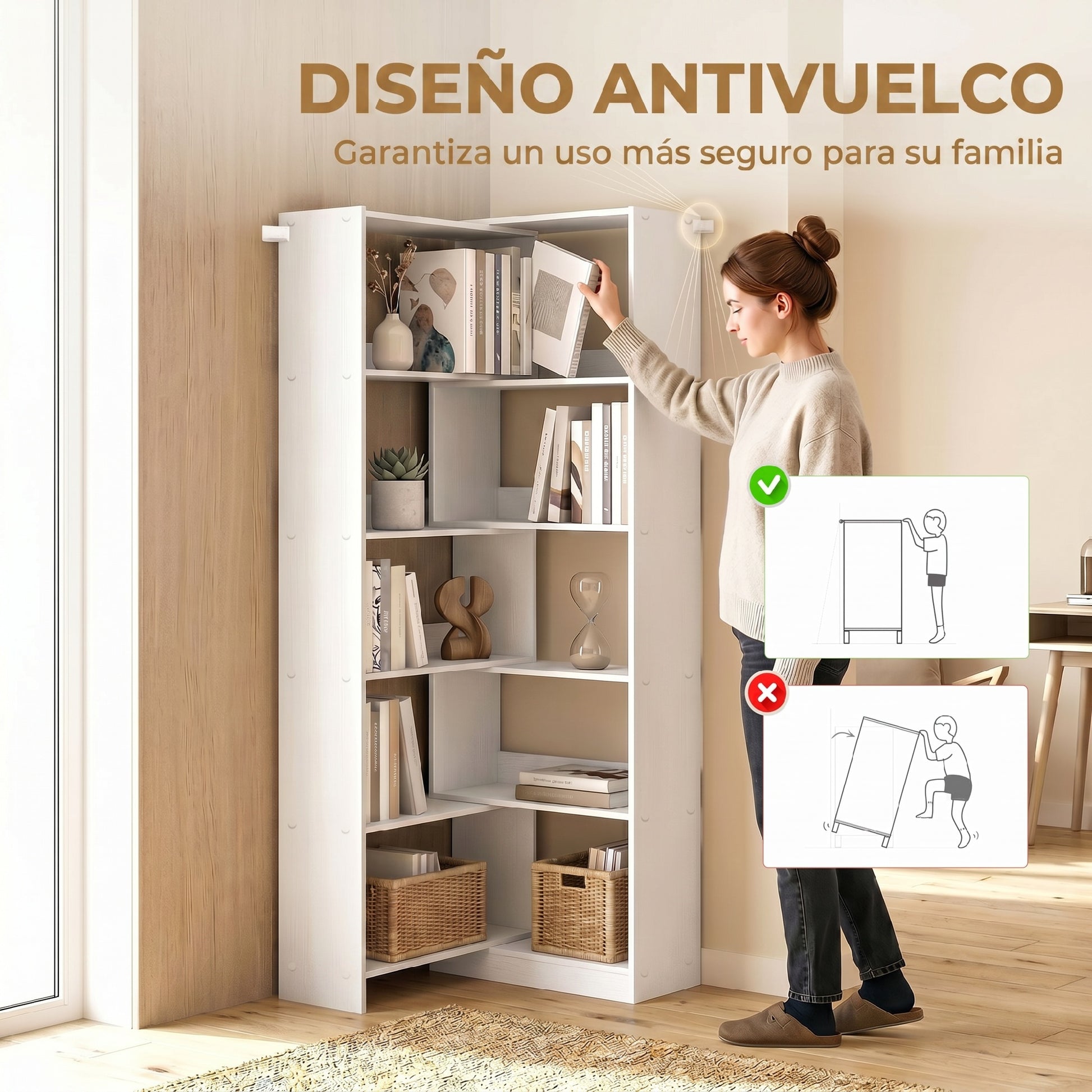HOMCOM Estantería Expandible 5 Niveles, Librería para Libros Giratoria 350°, Ancho Ajustable, Convertible en en L, Recta o Compacta para Salón, Dormitorio, Estudio 111,5x23,8x163,7 cm Blanco