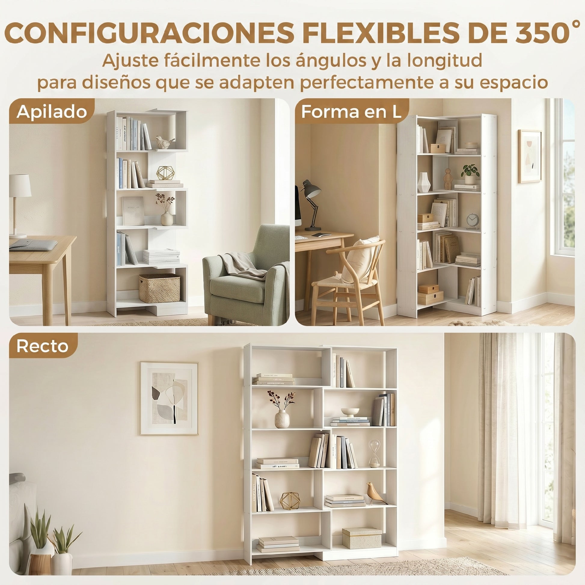 HOMCOM Estantería Expandible 5 Niveles, Librería para Libros Giratoria 350°, Ancho Ajustable, Convertible en en L, Recta o Compacta para Salón, Dormitorio, Estudio 111,5x23,8x163,7 cm Blanco