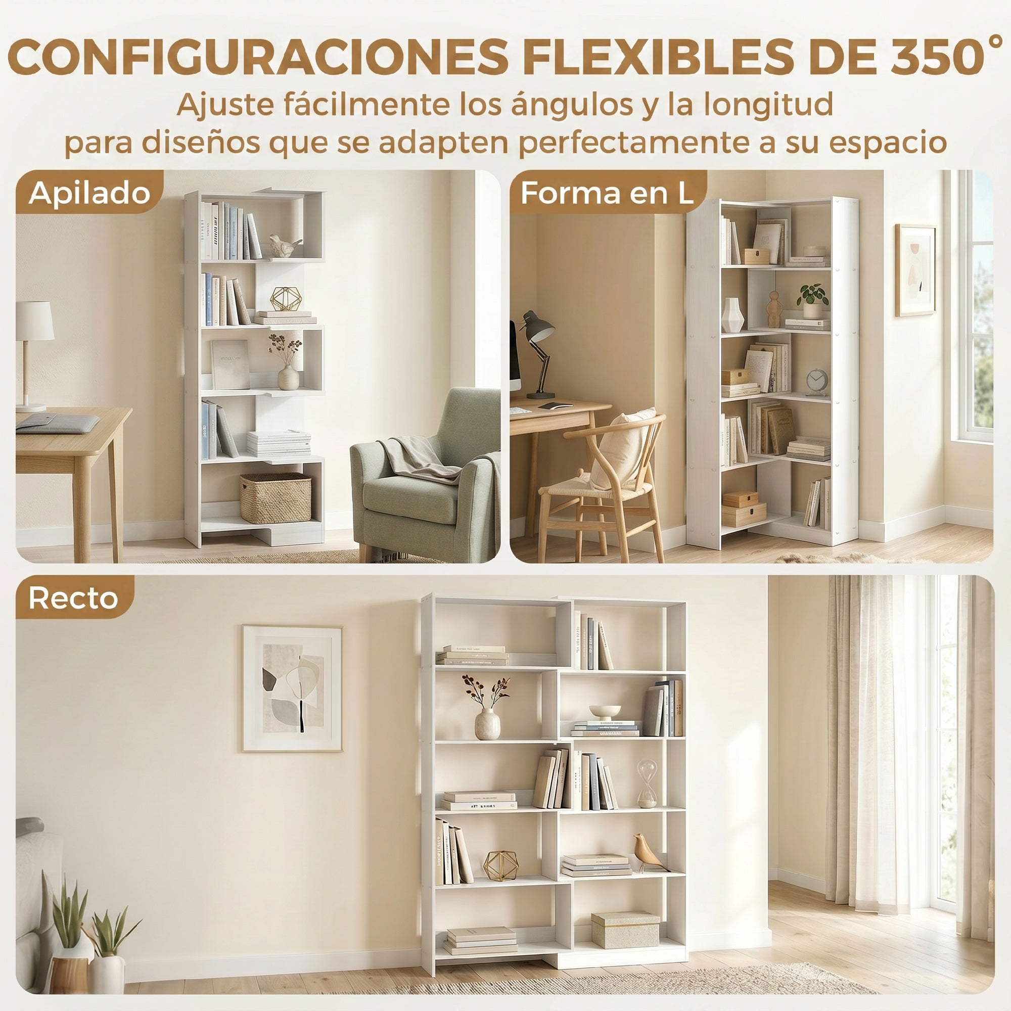 HOMCOM Estantería Expandible 5 Niveles, Librería para Libros Giratoria 350°, Ancho Ajustable, Convertible en en L, Recta o Compacta para Salón, Dormitorio, Estudio 111,5x23,8x163,7 cm Blanco
