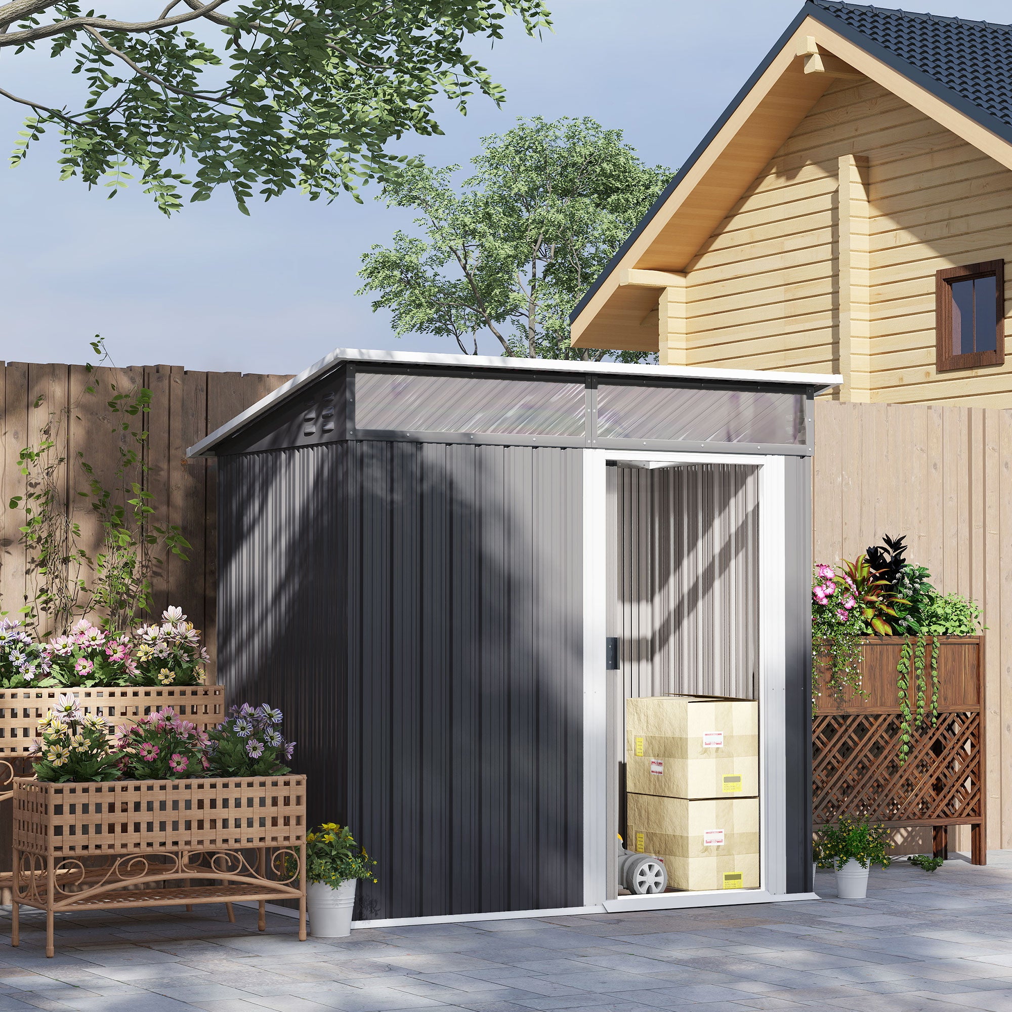 Outsunny Caseta de Jardín Exterior 1,9m² 195x122x182 cm Cobertizo de Jardín Exterior con Base Refuerzo (Suelo NO Incluido) Puerta Corredera Ventanas Cobertizo para Terraza Patio Gris Oscuro