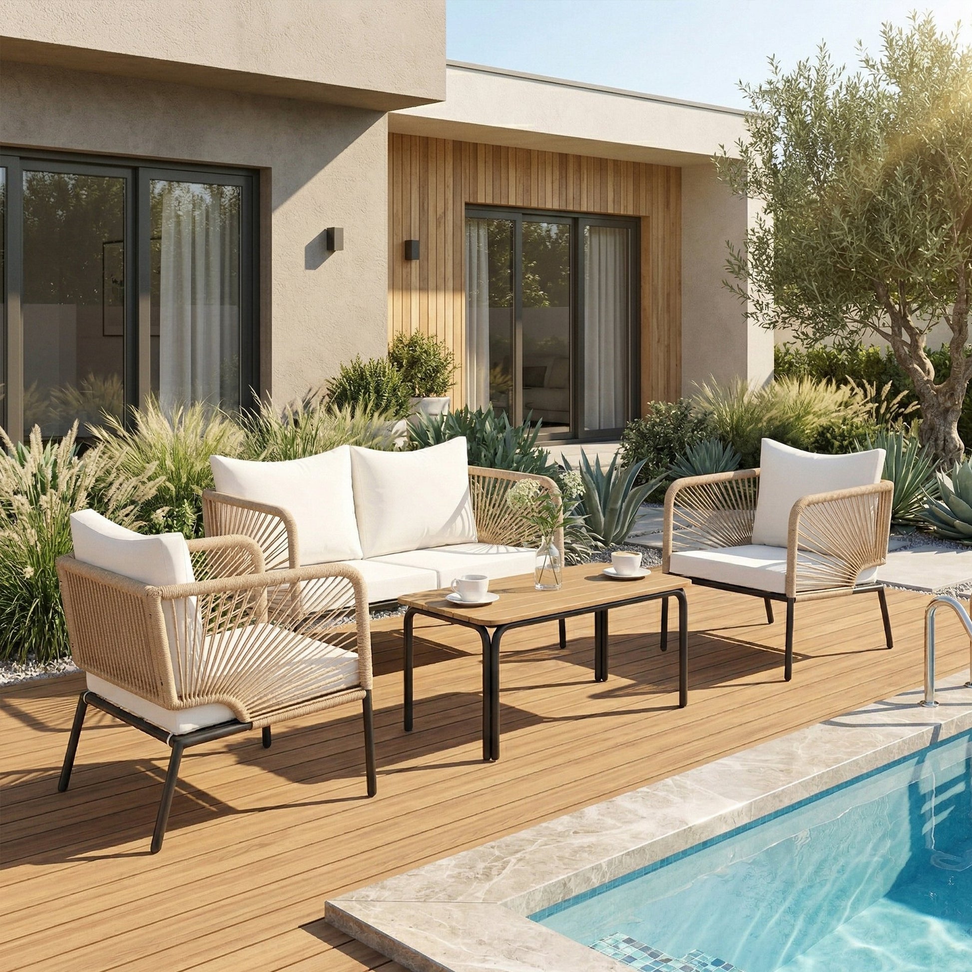 Outsunny Conjunto Jardín Exterior de 4 Piezas, Muebles Jardín Exterior con Sofá de 2 Plazas, 2 Sillones, Mesa de WPC, Ratán PE Tipo Cuerda, Cojines Acolchados y Marco de Metal para Terraza, Blanco