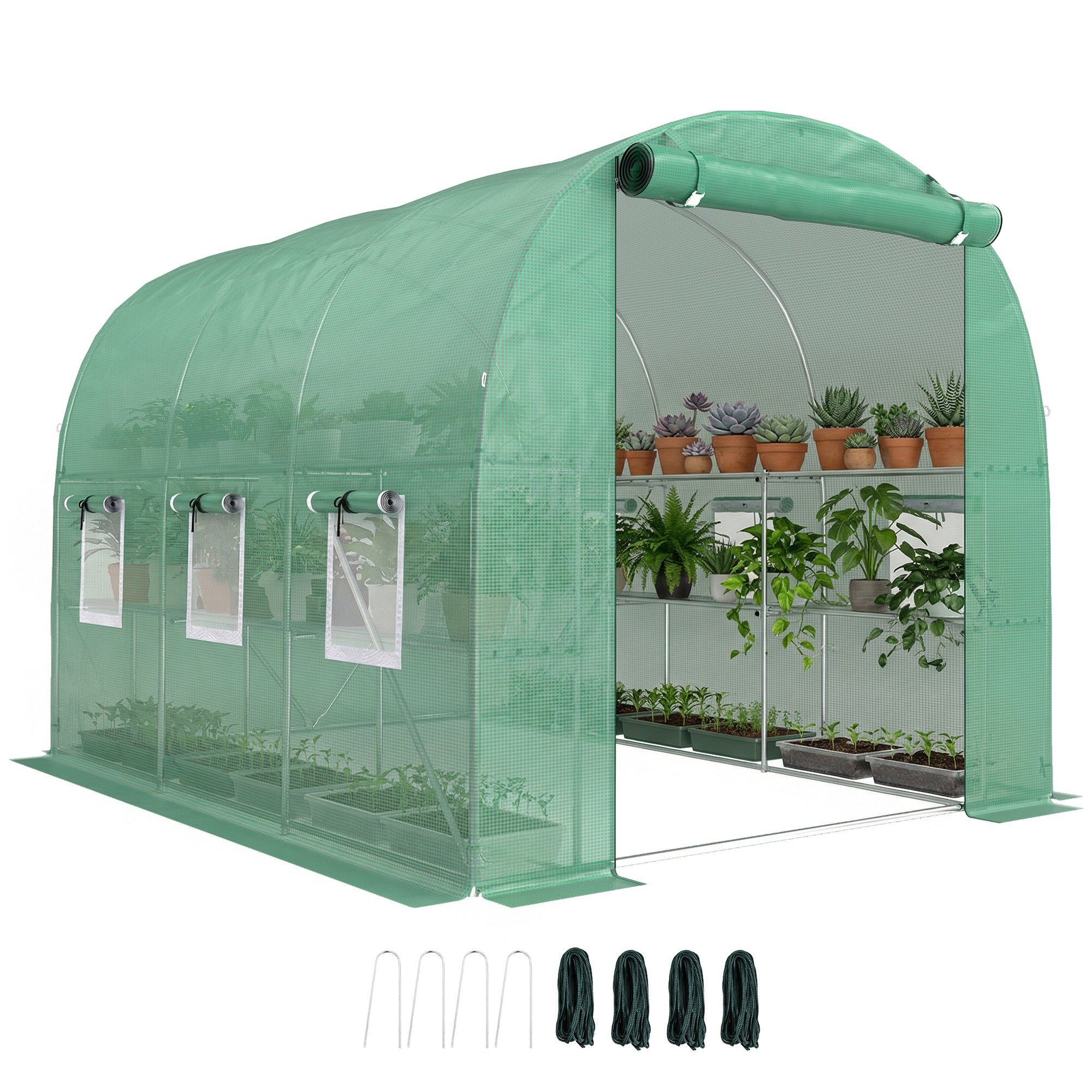 Outsunny Invernadero de Exterior 2,8x2x1,9 m con Estantes, Invernadero de Túnel con Puerta Enrollable, 6 Ventanas de Malla, Cubierta PE y Marco de Acero Galvanizado, Anti-UV, Impermeable, Verde