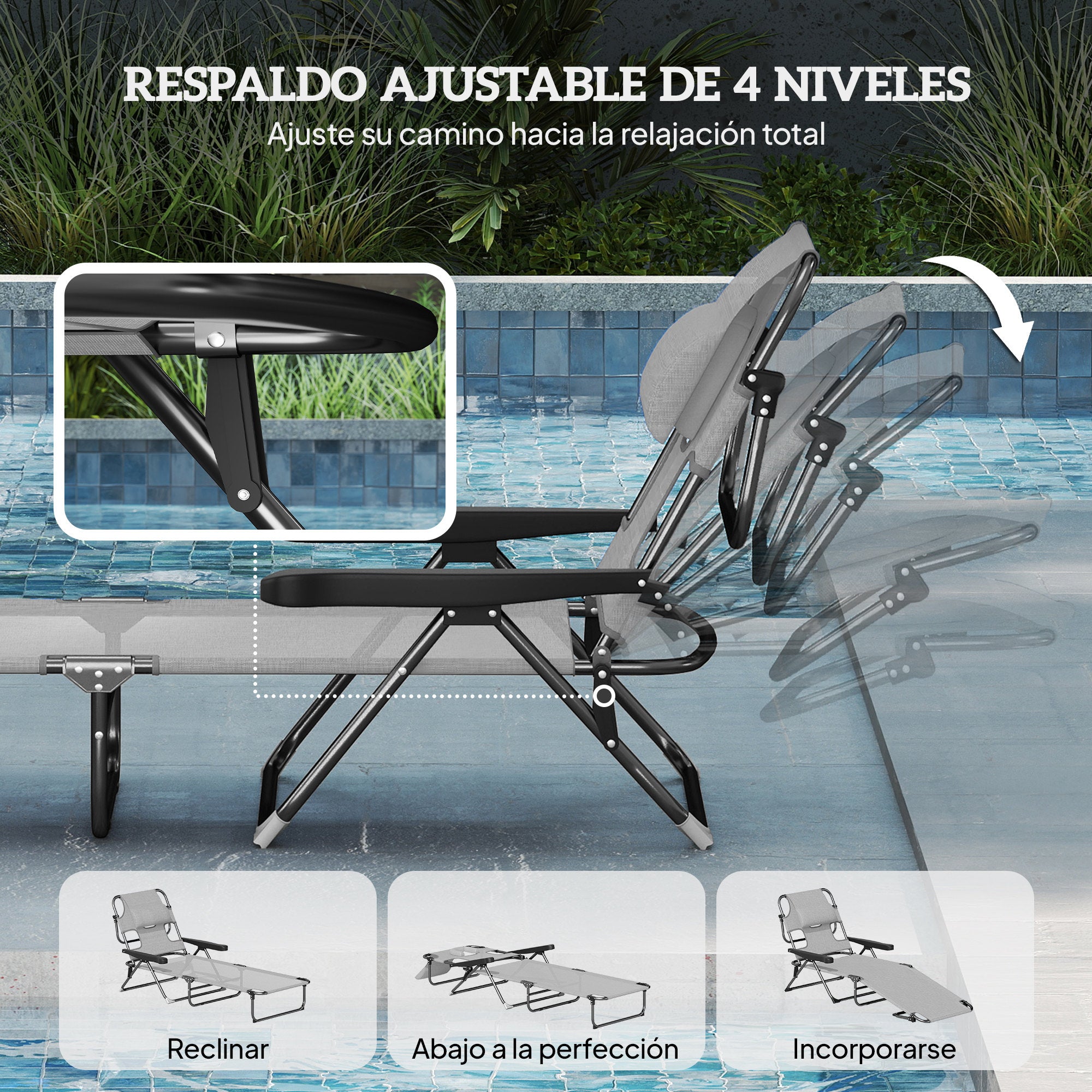 Outsunny Tumbona Plegable, Tumbona Jardín Exterior con Respaldo Ajustable en 4 Posiciones, Orificio de Lectura, Reposacabezas y Brazos, Carga 120 kg, para Terraza, Piscina, 145x72x89 cm, Gris Oscuro