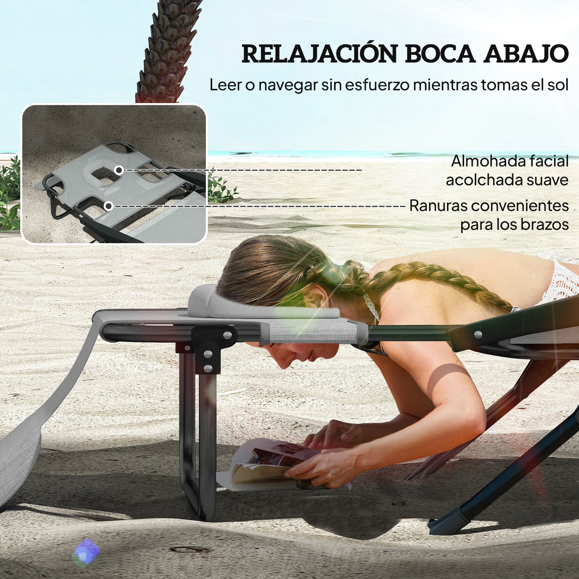 Outsunny Tumbona Plegable, Tumbona Jardín Exterior con Respaldo Ajustable en 4 Posiciones, Orificio de Lectura, Reposacabezas y Brazos, Carga 120 kg, para Terraza, Piscina, 145x72x89 cm, Gris Oscuro