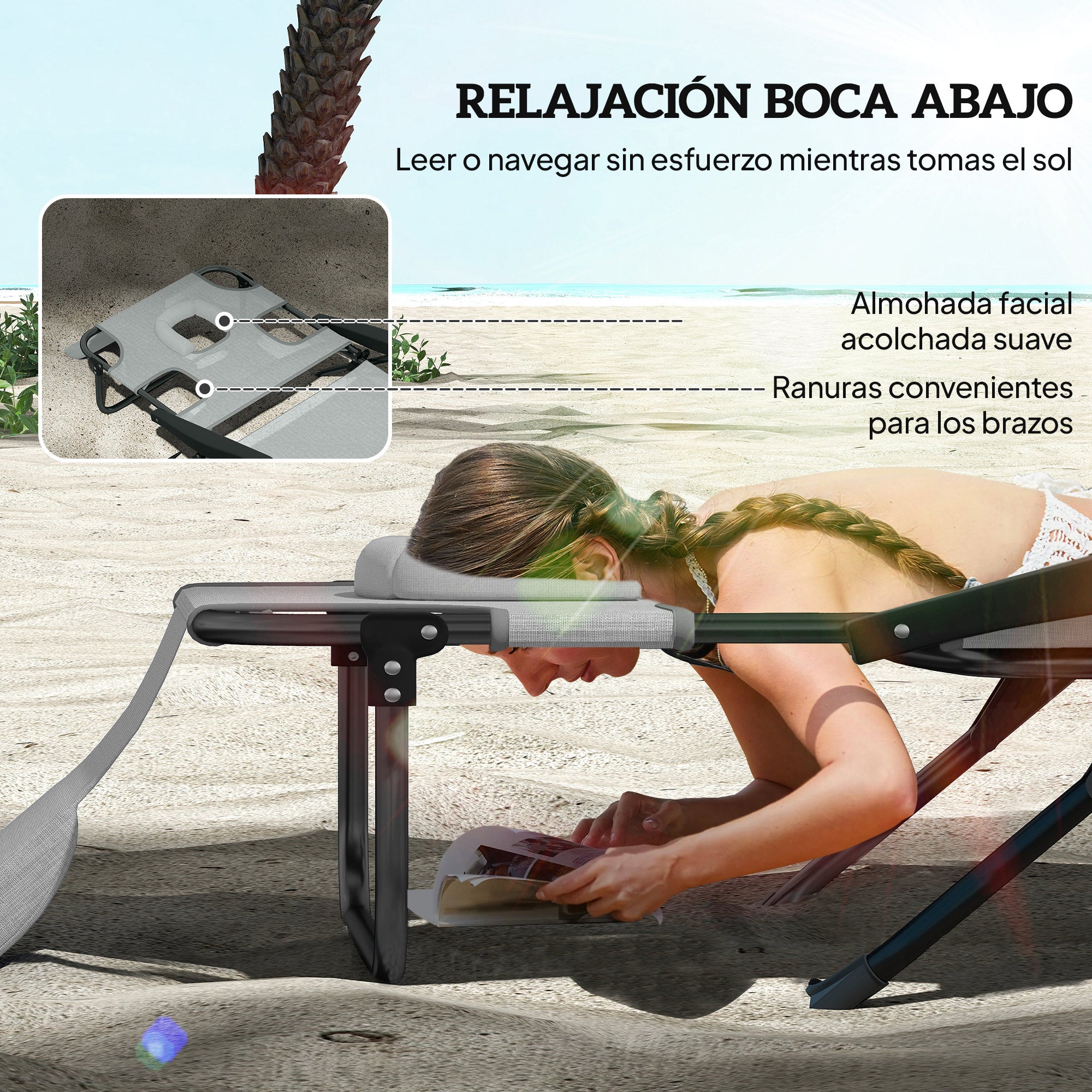 Outsunny Tumbona Plegable, Tumbona Jardín Exterior con Respaldo Ajustable en 4 Posiciones, Orificio de Lectura, Reposacabezas y Brazos, Carga 120 kg, para Terraza, Piscina, 145x72x89 cm, Gris Oscuro