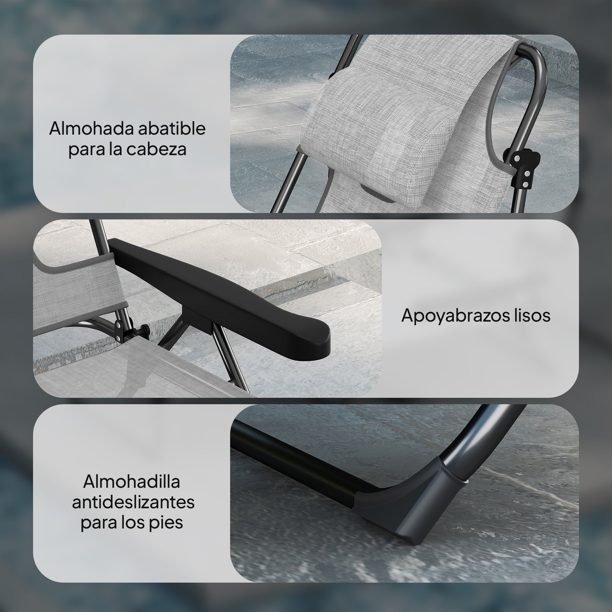 Outsunny Tumbona Plegable, Tumbona Jardín Exterior con Respaldo Ajustable en 4 Posiciones, Orificio de Lectura, Reposacabezas y Brazos, Carga 120 kg, para Terraza, Piscina, 145x72x89 cm, Gris Oscuro