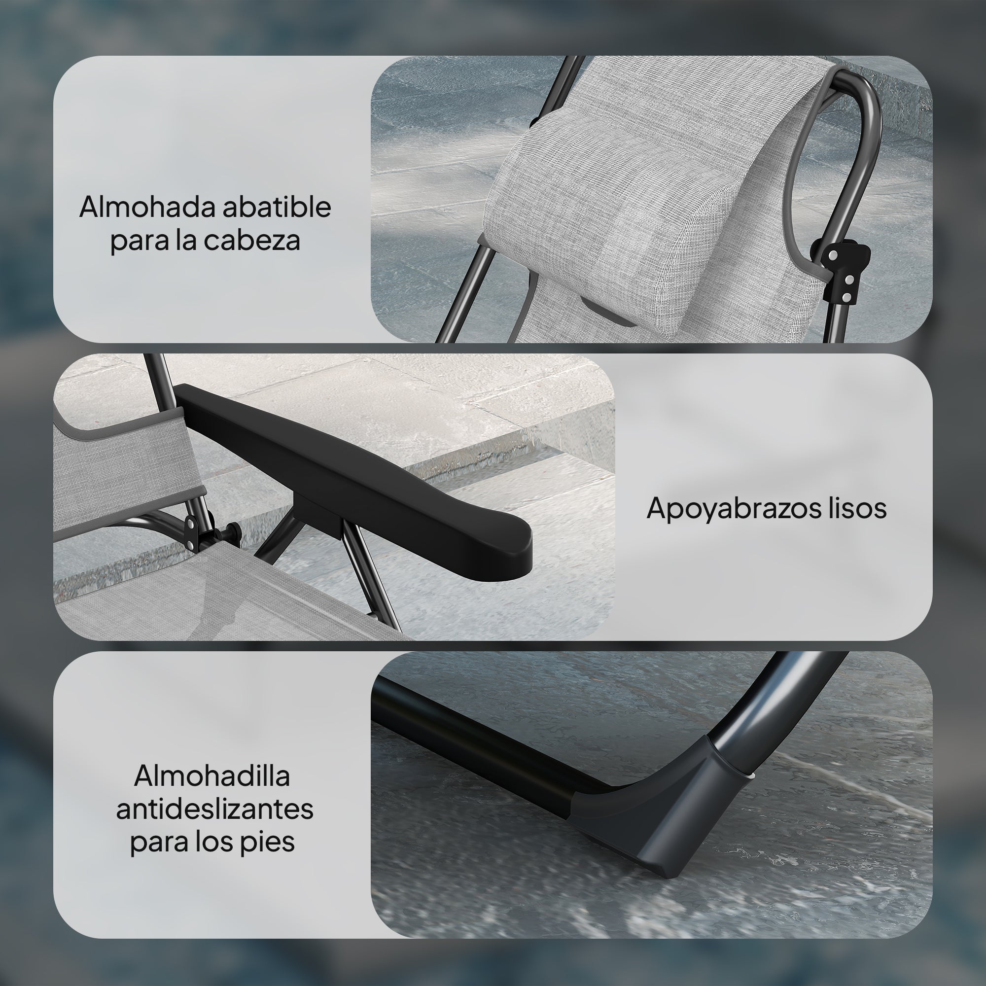 Outsunny Tumbona Plegable, Tumbona Jardín Exterior con Respaldo Ajustable en 4 Posiciones, Orificio de Lectura, Reposacabezas y Brazos, Carga 120 kg, para Terraza, Piscina, 145x72x89 cm, Gris Oscuro