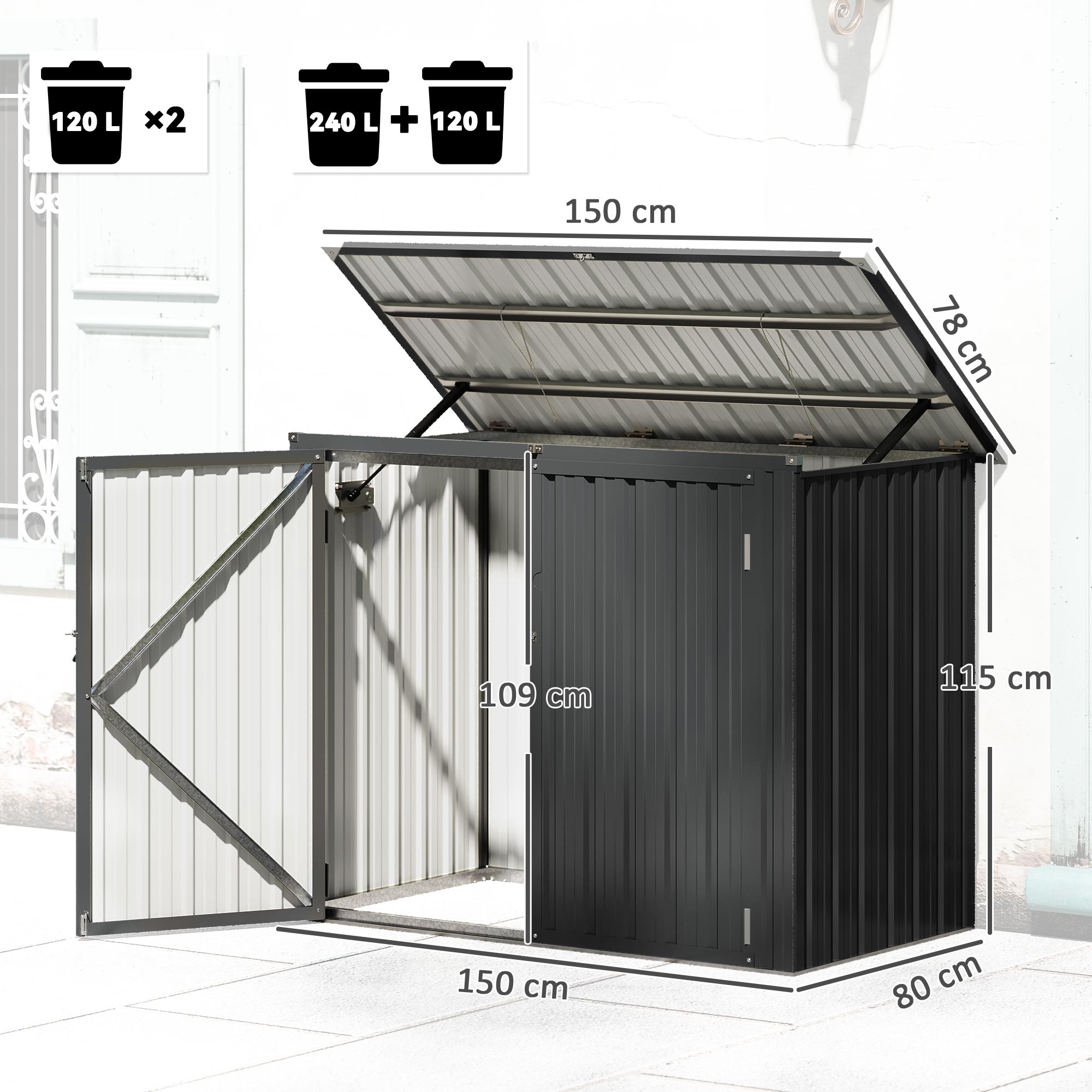 Outsunny Cobertizo para Contenedor de Basura Doble, Caseta para Cubo de Basura de 240L de Acero Galvanizado con Tapa Abatible y Puertas con Cerradura, para Jardín, Exterior, 150x80x117 cm, Gris Oscuro