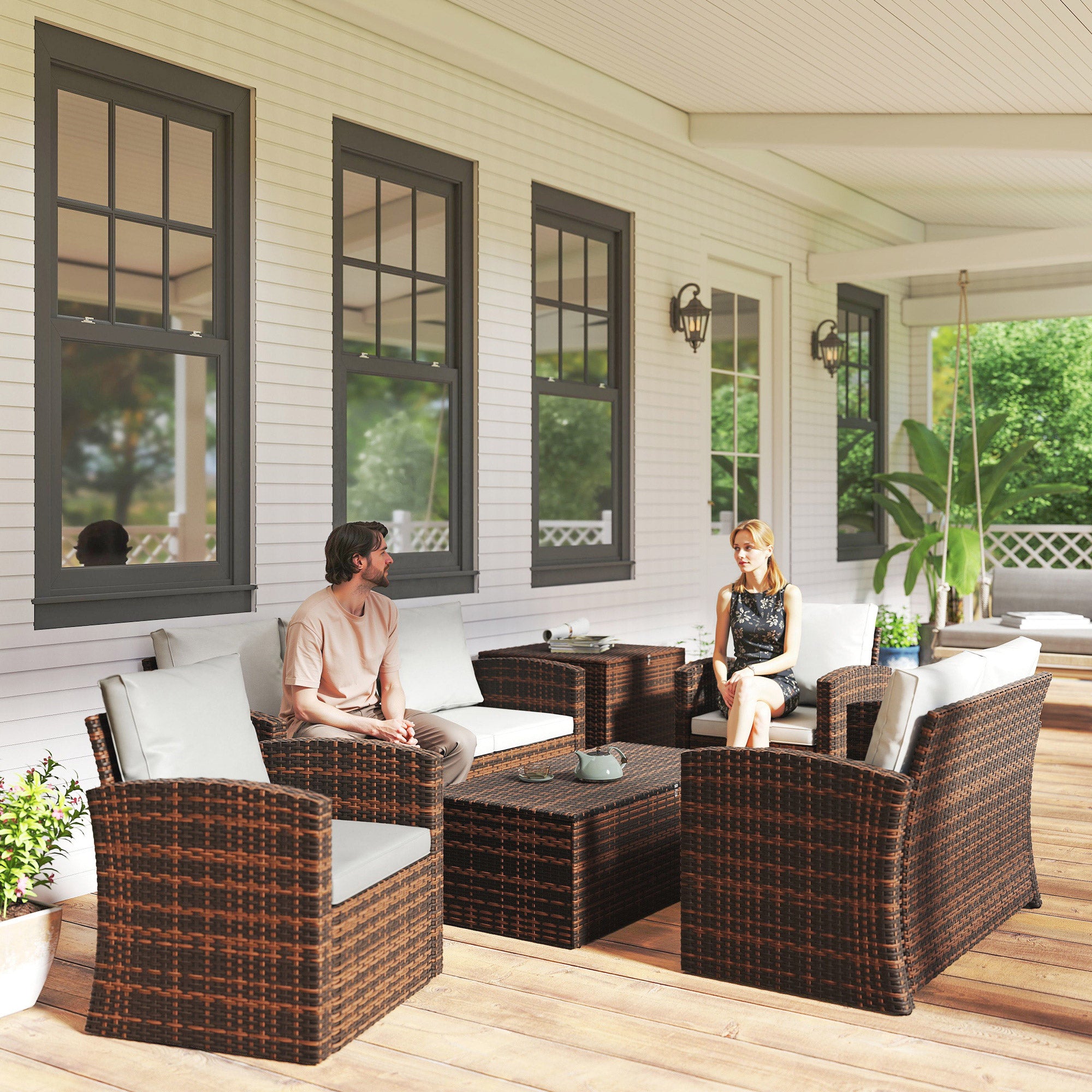 Outsunny Conjunto de Jardín Exterior de Ratán, Conjunto Terraza, Muebles Jardín Exterior 6 Piezas Incluye Cojines, Sofá Doble, Sofá 3 Plazas, 2 Sillones, 2 Mesas Auxiliares con Almacenamiento, Beige