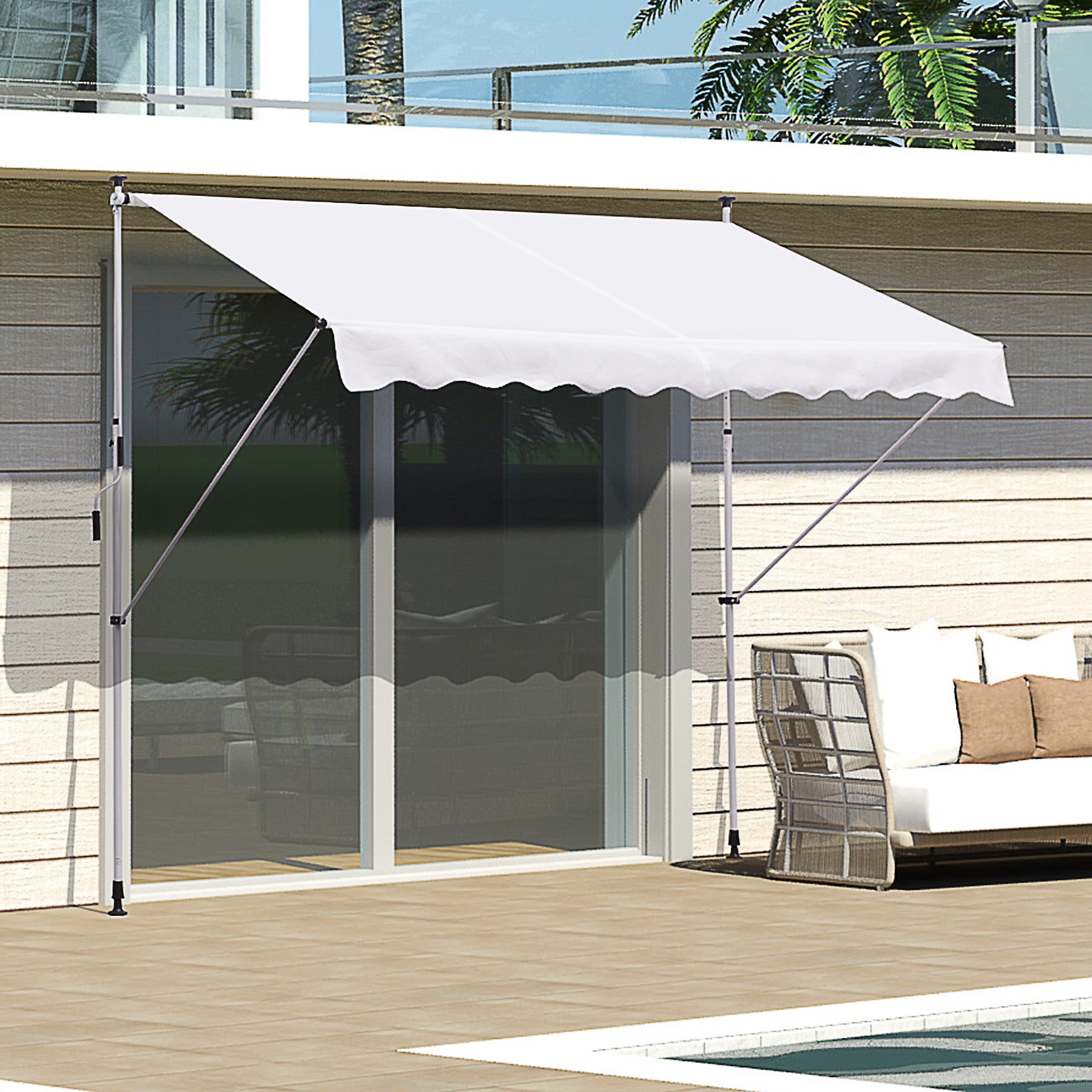 Outsunny Toldo Manual Retráctil 300x150x170-280 cm Toldo para Balcón con Altura Ajustable Manivela y Protección Solar para Terraza Jardín Blanco