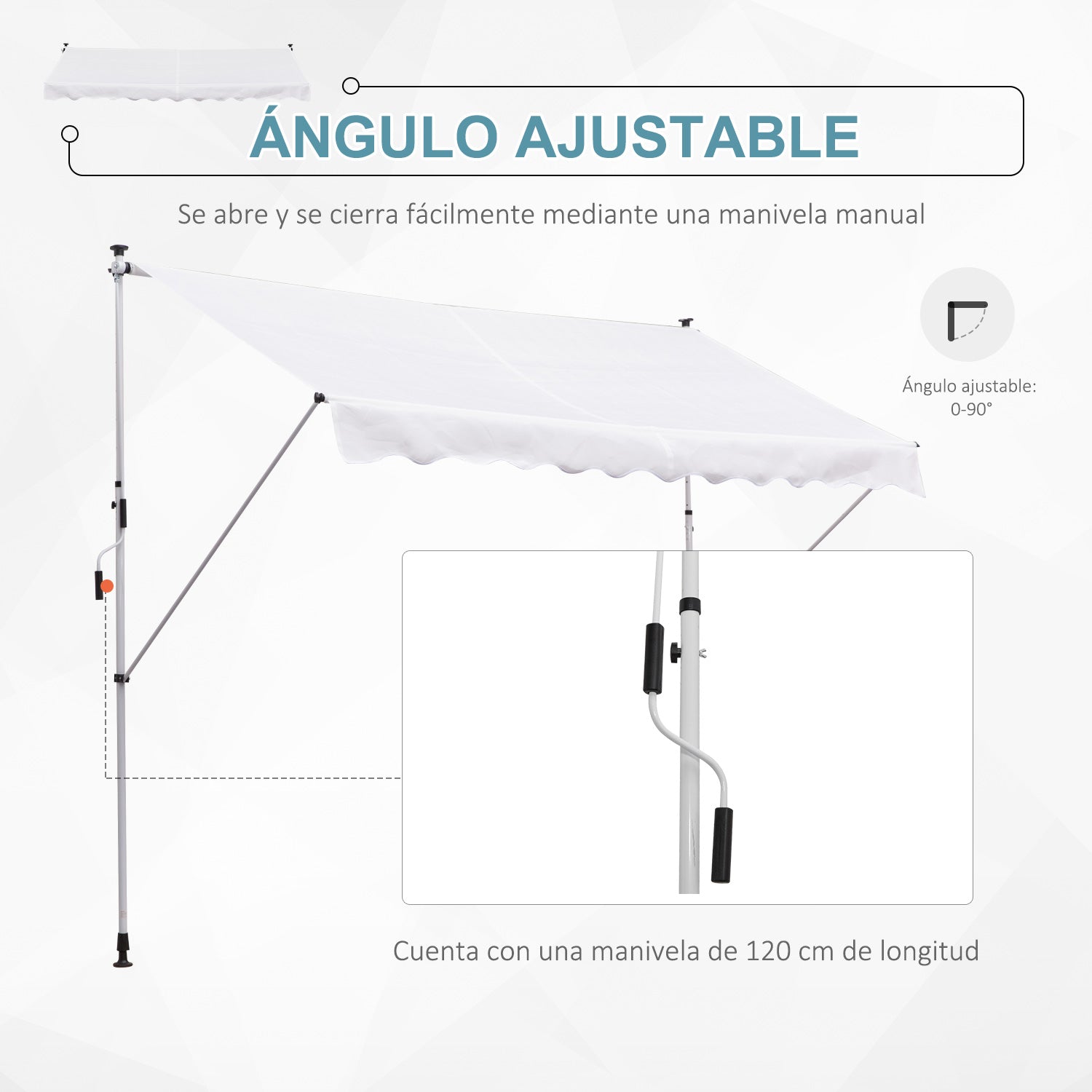 Outsunny Toldo Manual Retráctil 300x150x170-280 cm Toldo para Balcón con Altura Ajustable Manivela y Protección Solar para Terraza Jardín Blanco