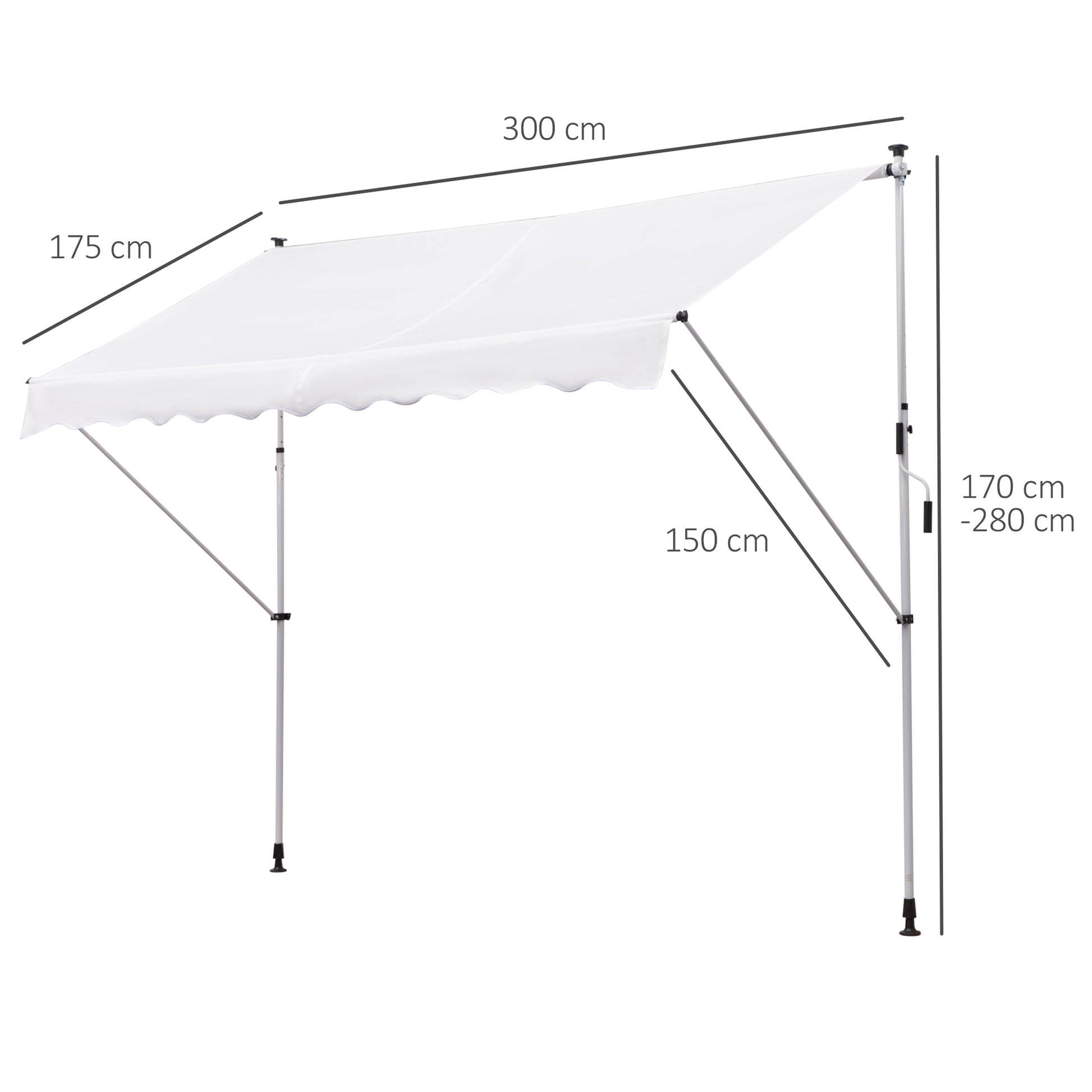 Outsunny Toldo Manual Retráctil 300x150x170-280 cm Toldo para Balcón con Altura Ajustable Manivela y Protección Solar para Terraza Jardín Blanco