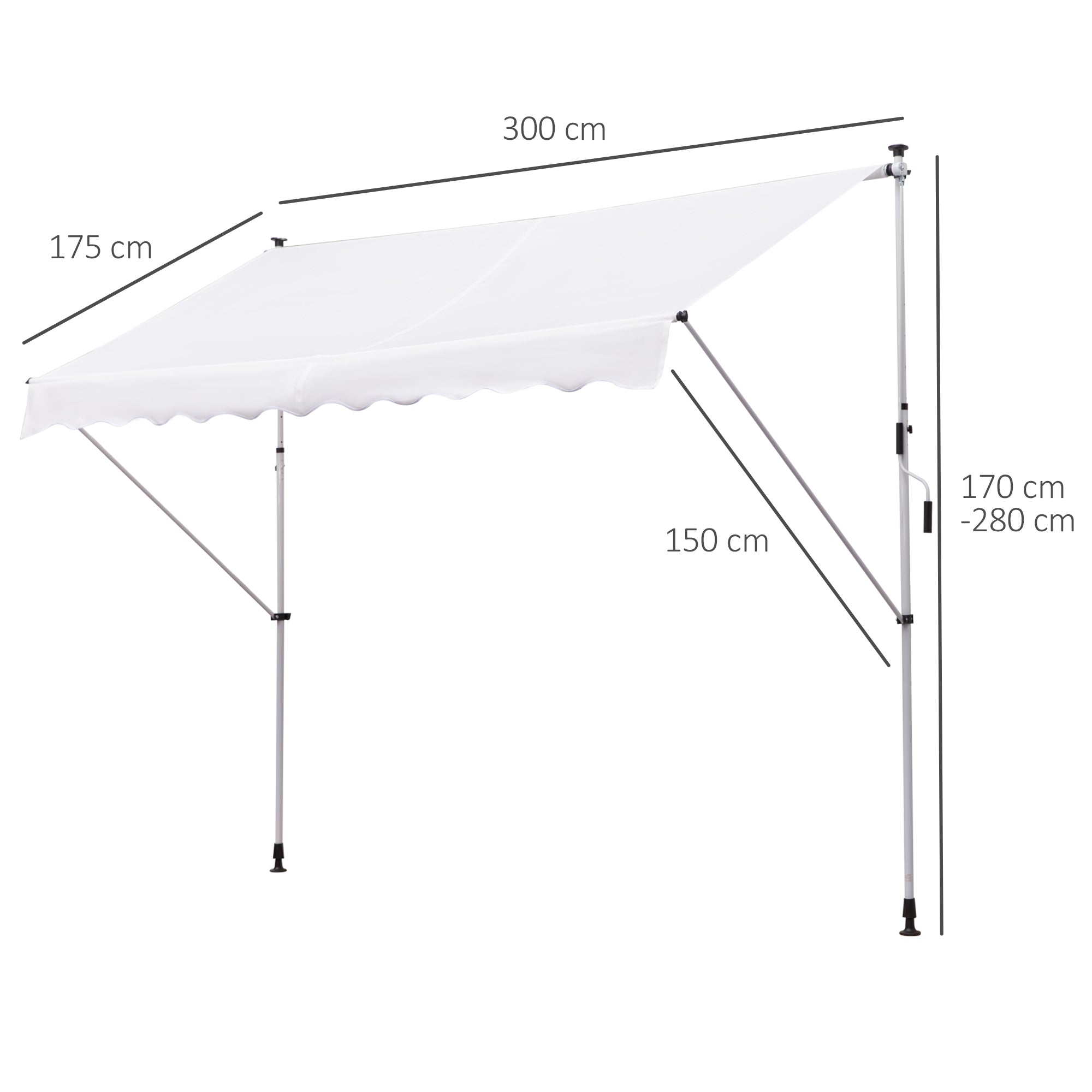 Outsunny Toldo Manual Retráctil 300x150x170-280 cm Toldo para Balcón con Altura Ajustable Manivela y Protección Solar para Terraza Jardín Blanco