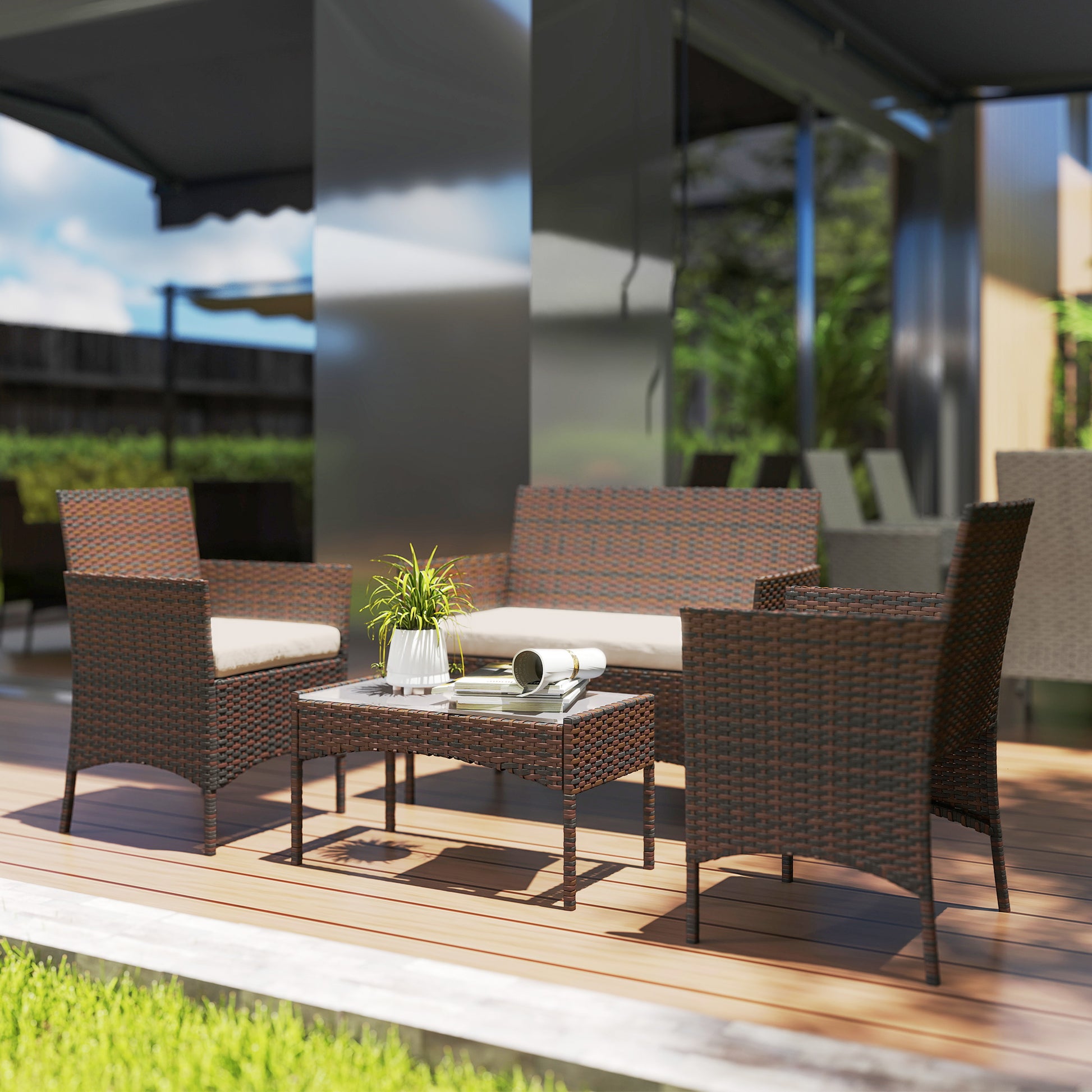 Outsunny Conjunto Jardín Exterior de Ratán con Cojines Conjunto Terraza Resistente a la Intemperie Muebles Jardín Exterior con 2 Sillones Sofá de 2 Plazas Mesa con Cristal Marrón