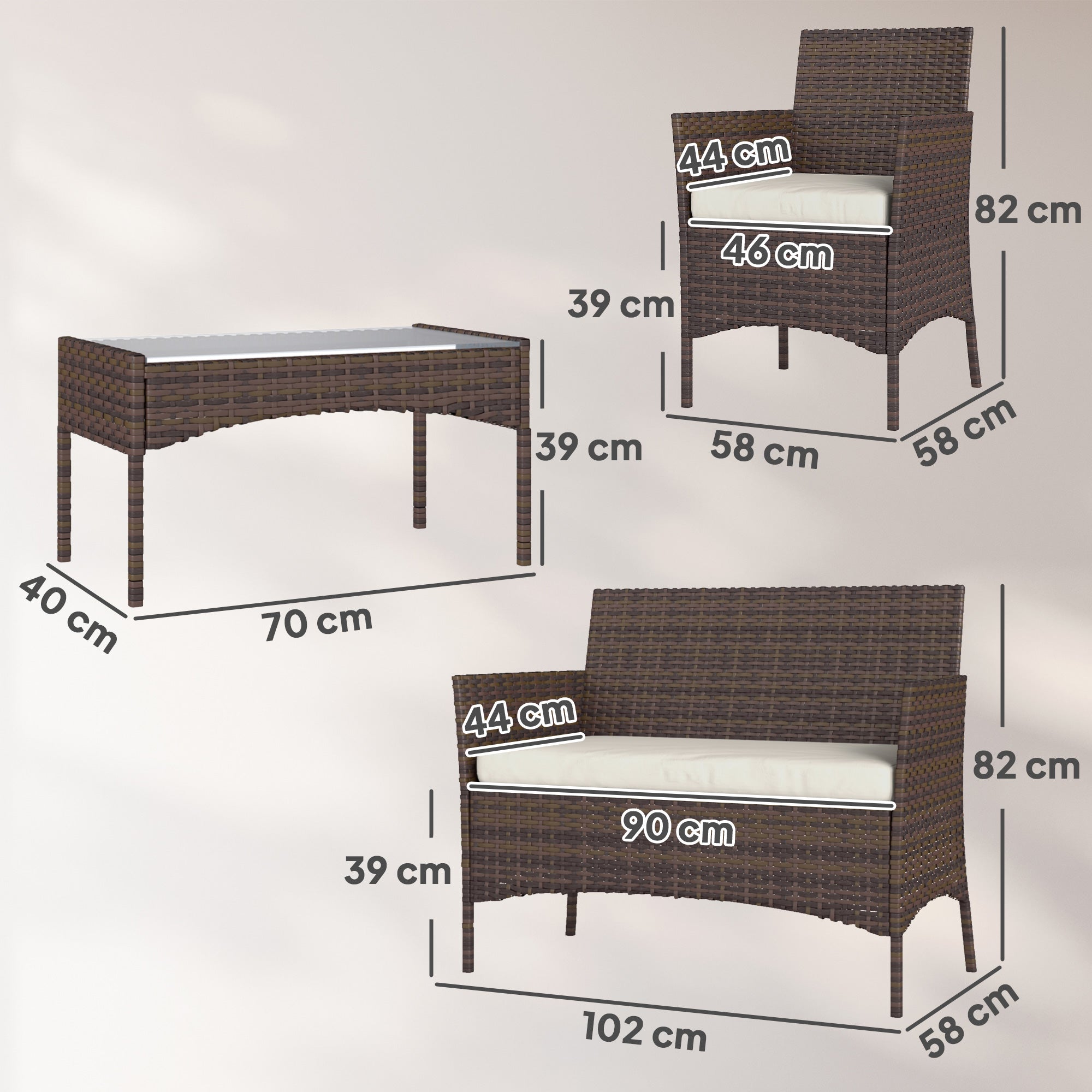Outsunny Conjunto Jardín Exterior de Ratán con Cojines Conjunto Terraza Resistente a la Intemperie Muebles Jardín Exterior con 2 Sillones Sofá de 2 Plazas Mesa con Cristal Marrón