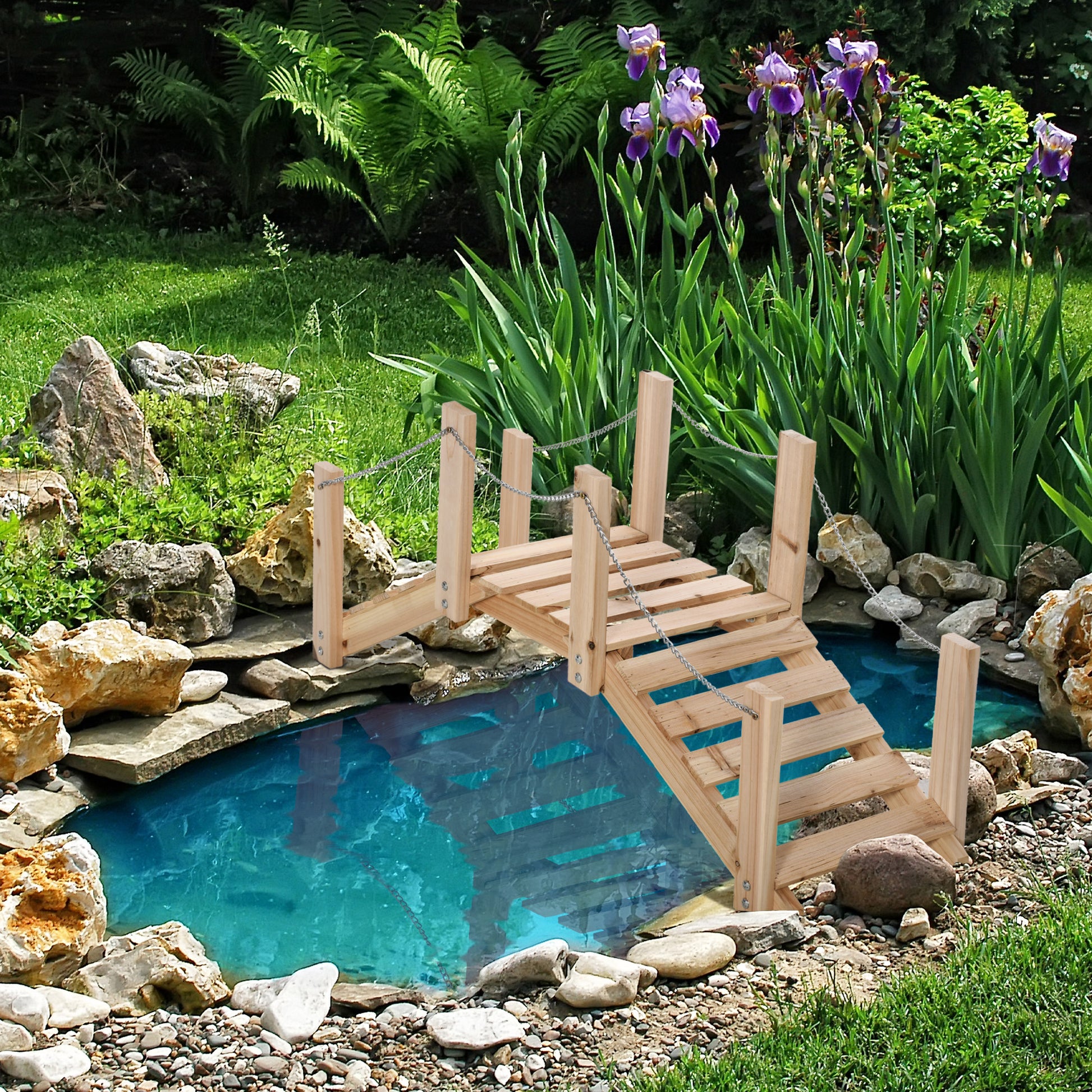 Outsunny Puente de Jardín de Madera con Pasamanos de Cadenas Metálicas Puente Decorativo para Estanque Carga 5 kg para Decoración Patio 100x32x48 cm Madera Natural