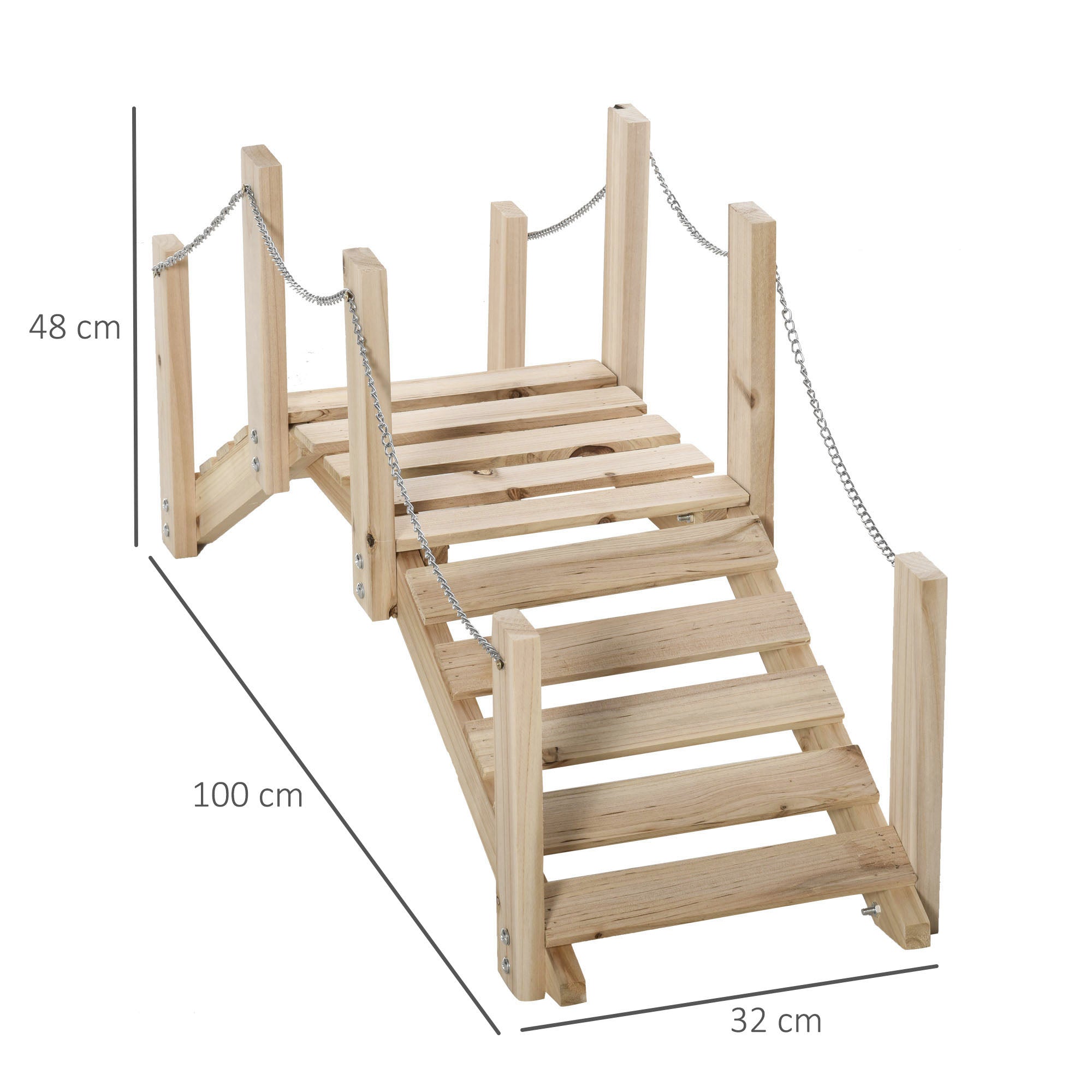 Outsunny Puente de Jardín de Madera con Pasamanos de Cadenas Metálicas Puente Decorativo para Estanque Carga 5 kg para Decoración Patio 100x32x48 cm Madera Natural