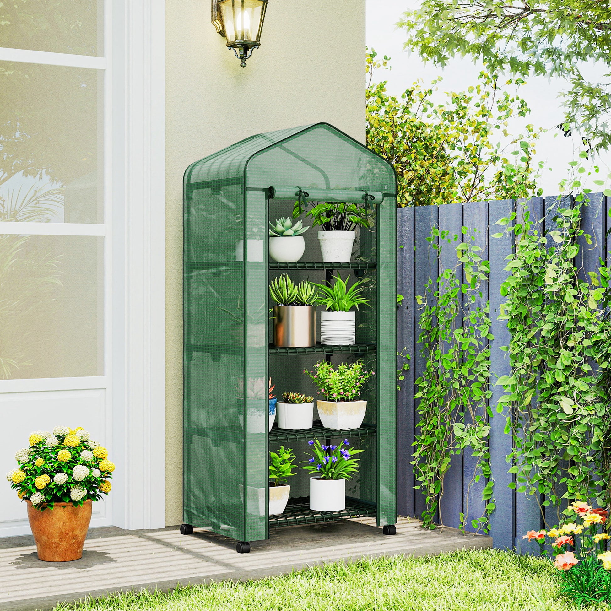 Outsunny Invernadero de Exterior con 4 Estantes y Ruedas, Invernadero de Jardín con Puerta Enrollable, Marco de Acero y Cubierta PE 140g/㎡ Anti-UV, Impermeable para Terraza, Patio, 70x50x165 cm, Verde