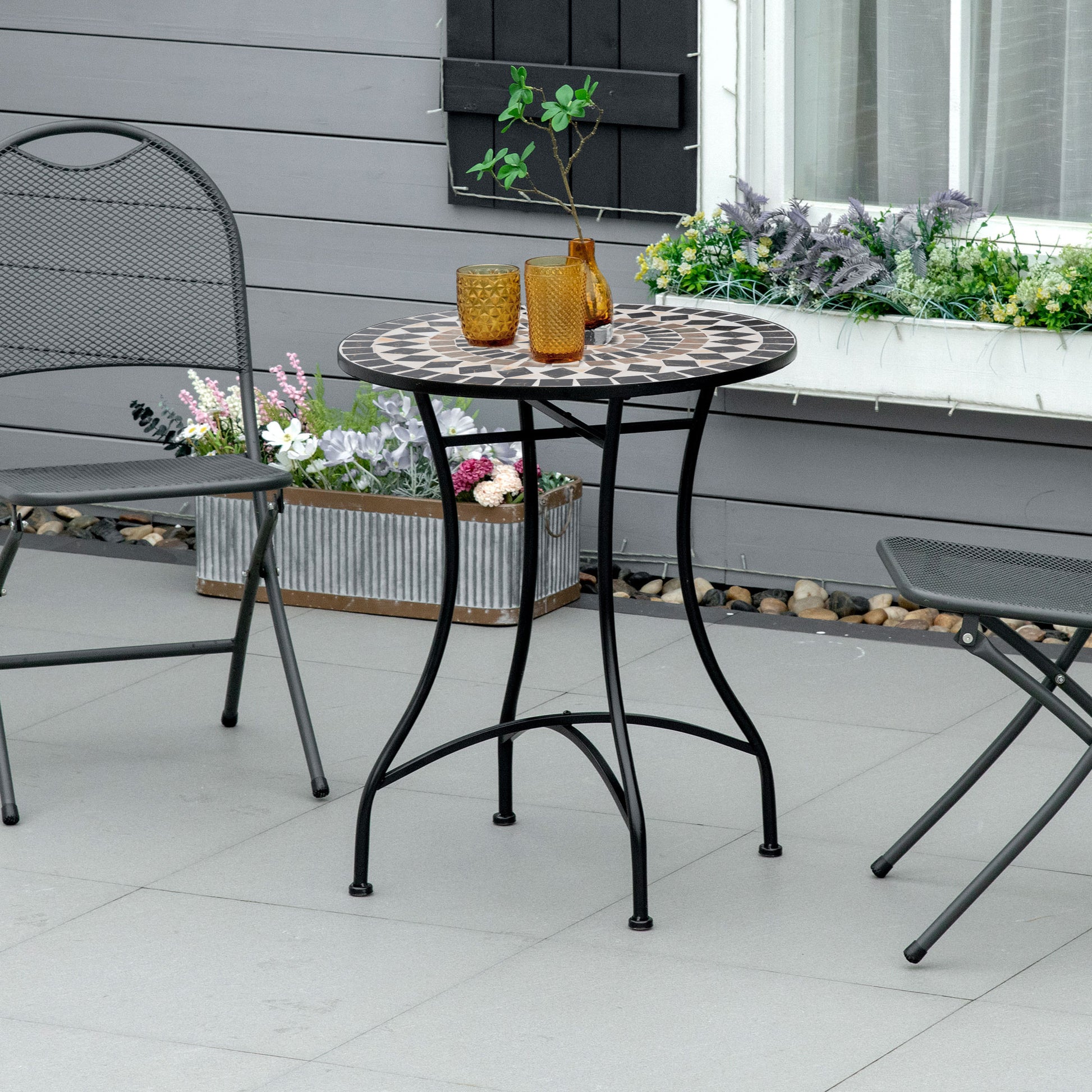 Outsunny Mesa de Jardín Redonda Mesa de Mosaico con Superficie de Cerámica y Macro de Metal Carga 50 kg para Patio Terraza Exterior Ø60x71 cm Negro