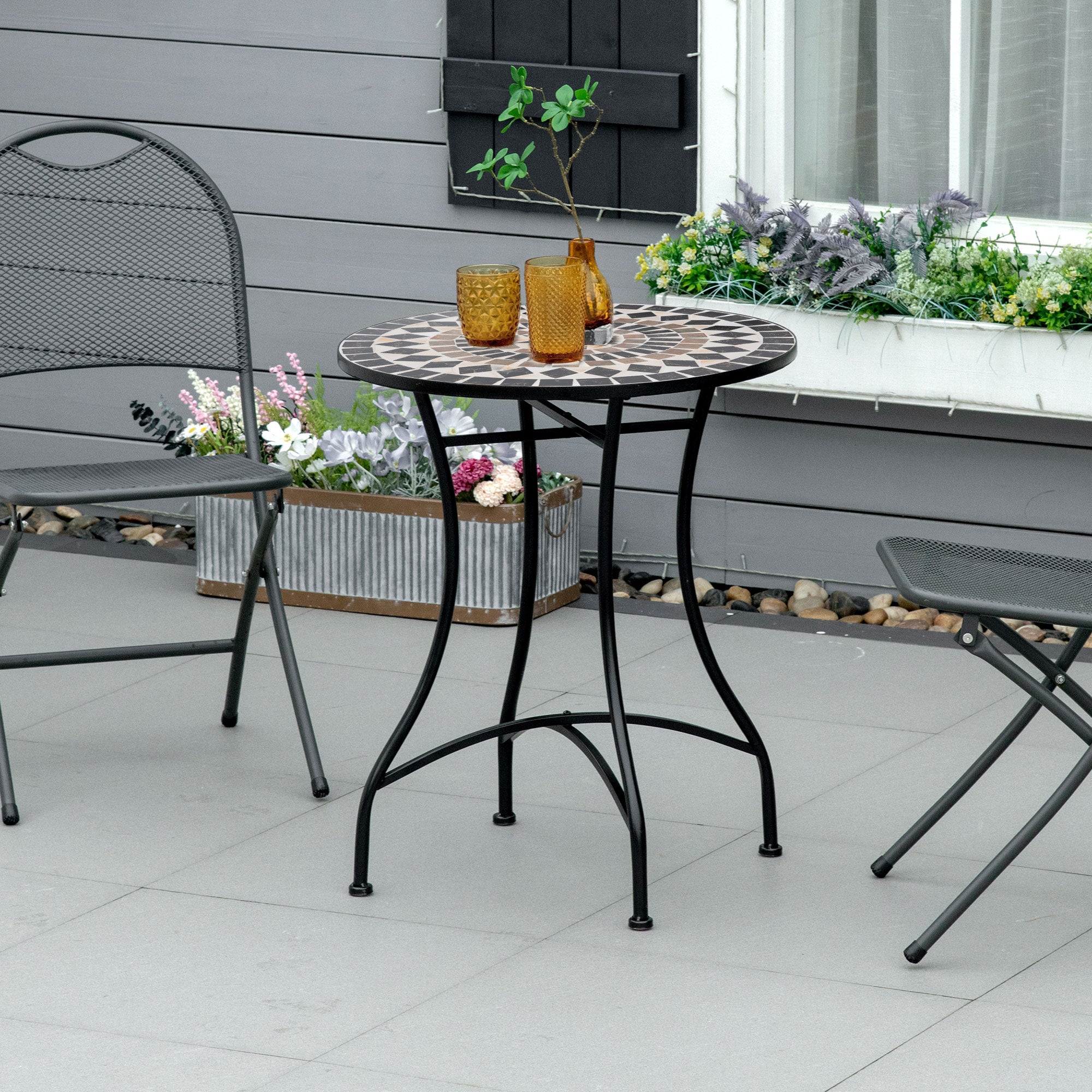 Outsunny Mesa de Jardín Redonda Mesa de Mosaico con Superficie de Cerámica y Macro de Metal Carga 50 kg para Patio Terraza Exterior Ø60x71 cm Negro