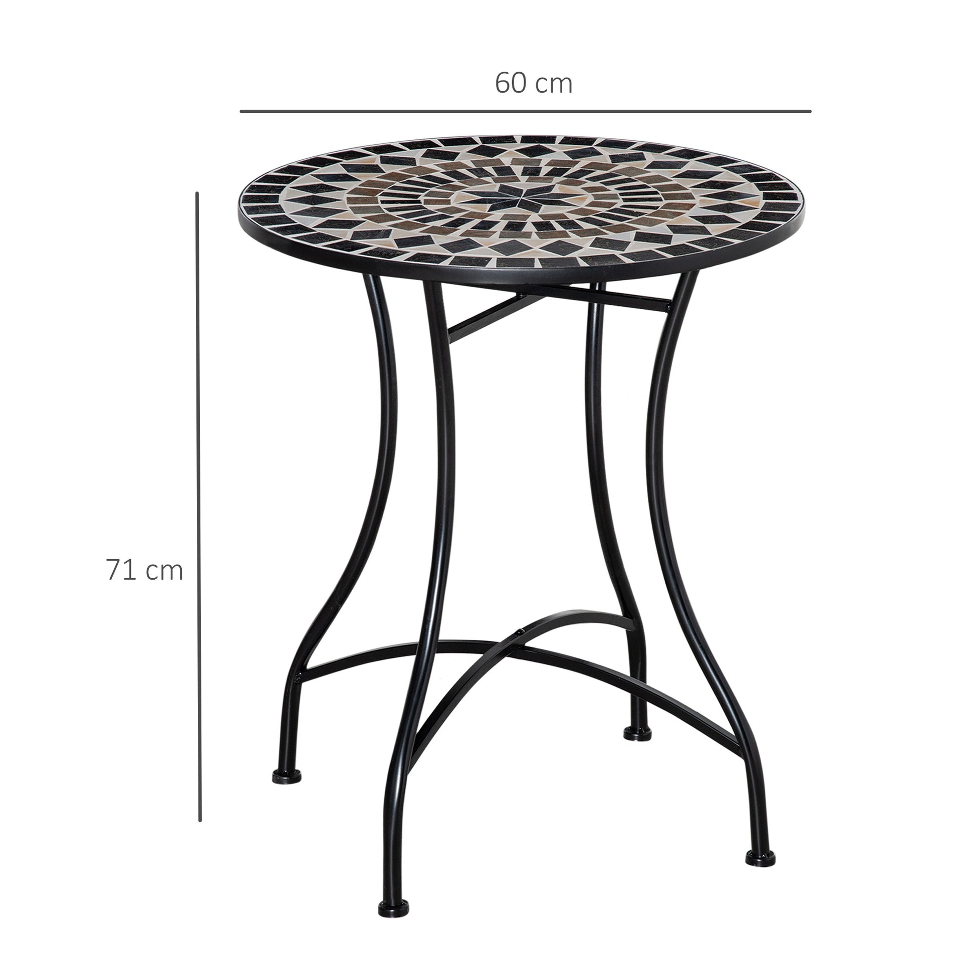 Outsunny Mesa de Jardín Redonda Mesa de Mosaico con Superficie de Cerámica y Macro de Metal Carga 50 kg para Patio Terraza Exterior Ø60x71 cm Negro