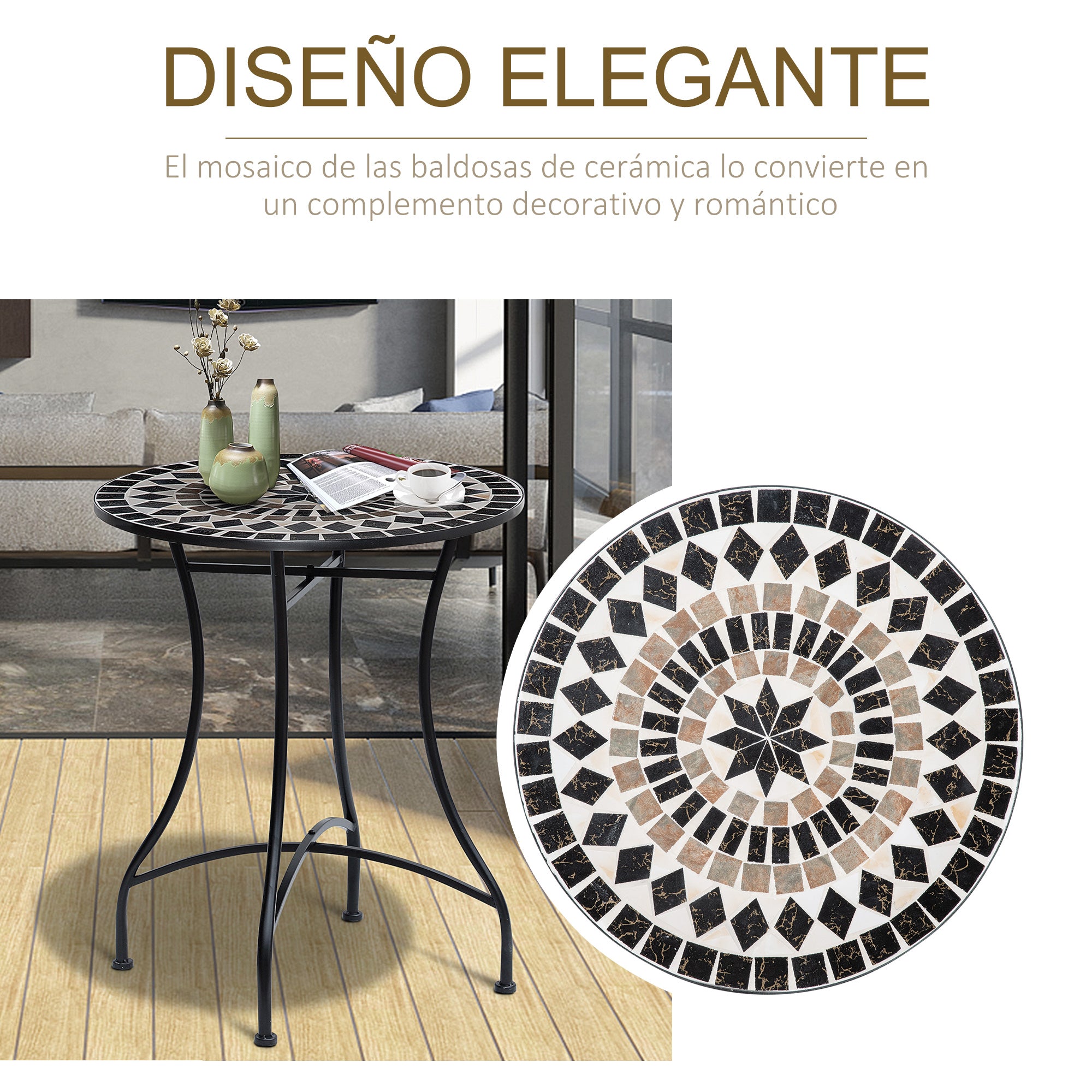 Outsunny Mesa de Jardín Redonda Mesa de Mosaico con Superficie de Cerámica y Macro de Metal Carga 50 kg para Patio Terraza Exterior Ø60x71 cm Negro