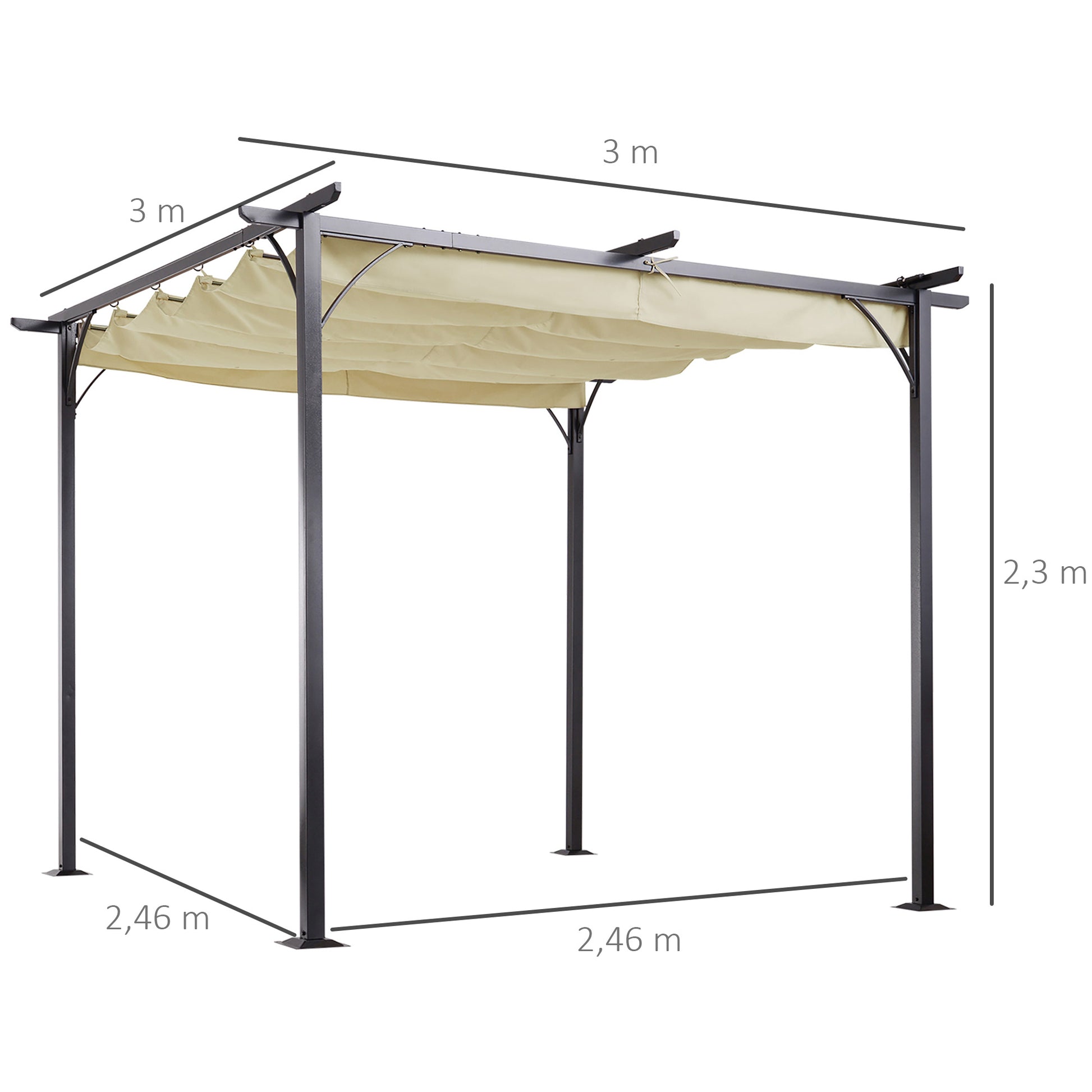 Outsunny Pérgola de Jardín 3x3m Gazebo Cenador para Exterior con Techo Retráctil Tela Poliéster Impermeable y Anti-UV para Patio Terraza Beige