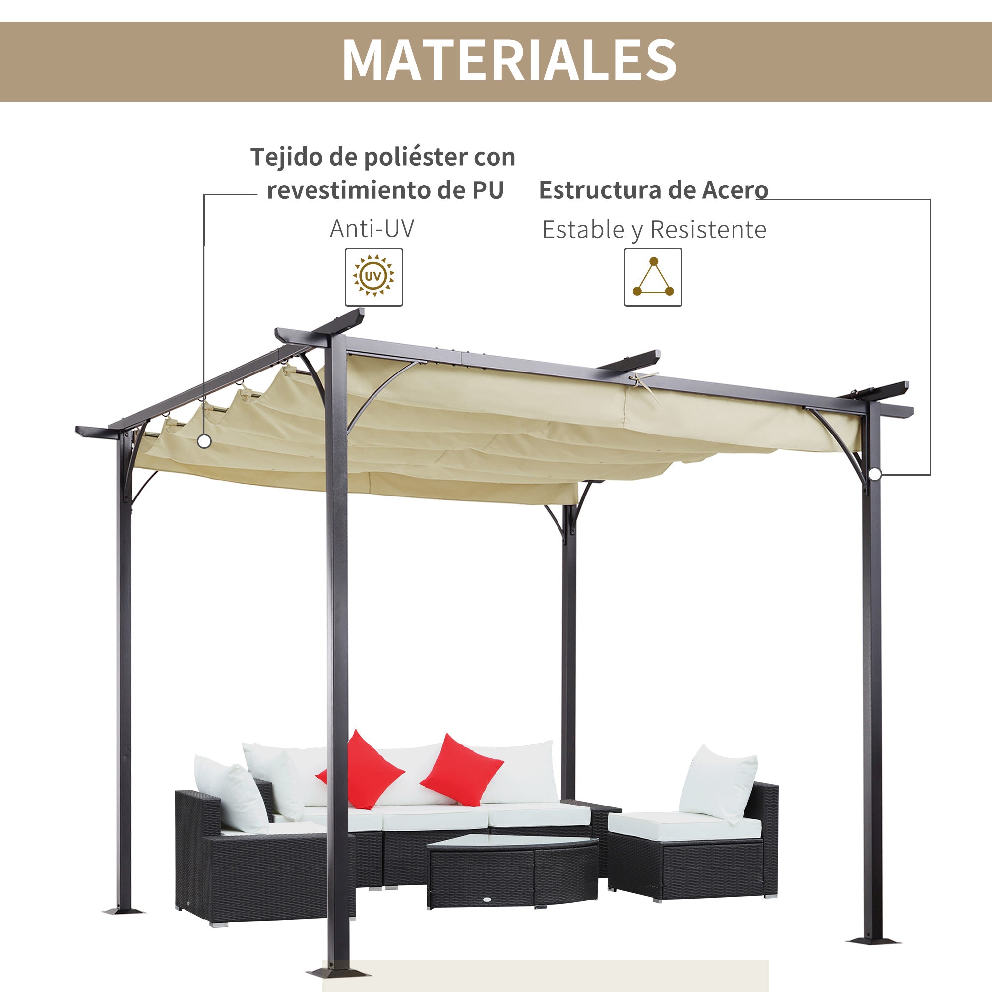 Outsunny Pérgola de Jardín 3x3m Gazebo Cenador para Exterior con Techo Retráctil Tela Poliéster Impermeable y Anti-UV para Patio Terraza Beige