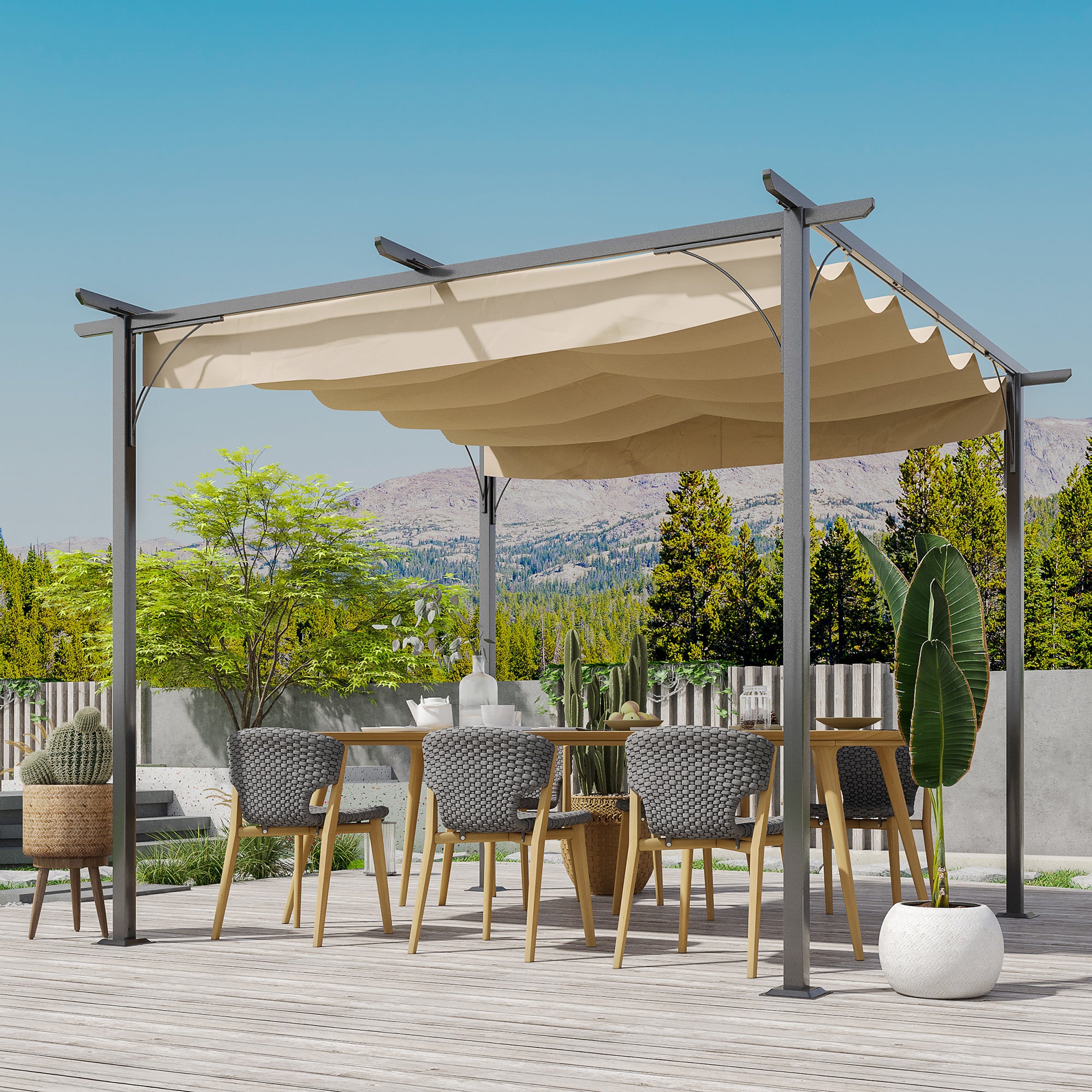 Outsunny Pérgola de Jardín 3x3m Gazebo Cenador para Exterior con Techo Retráctil Tela Poliéster Impermeable y Anti-UV para Patio Terraza Beige