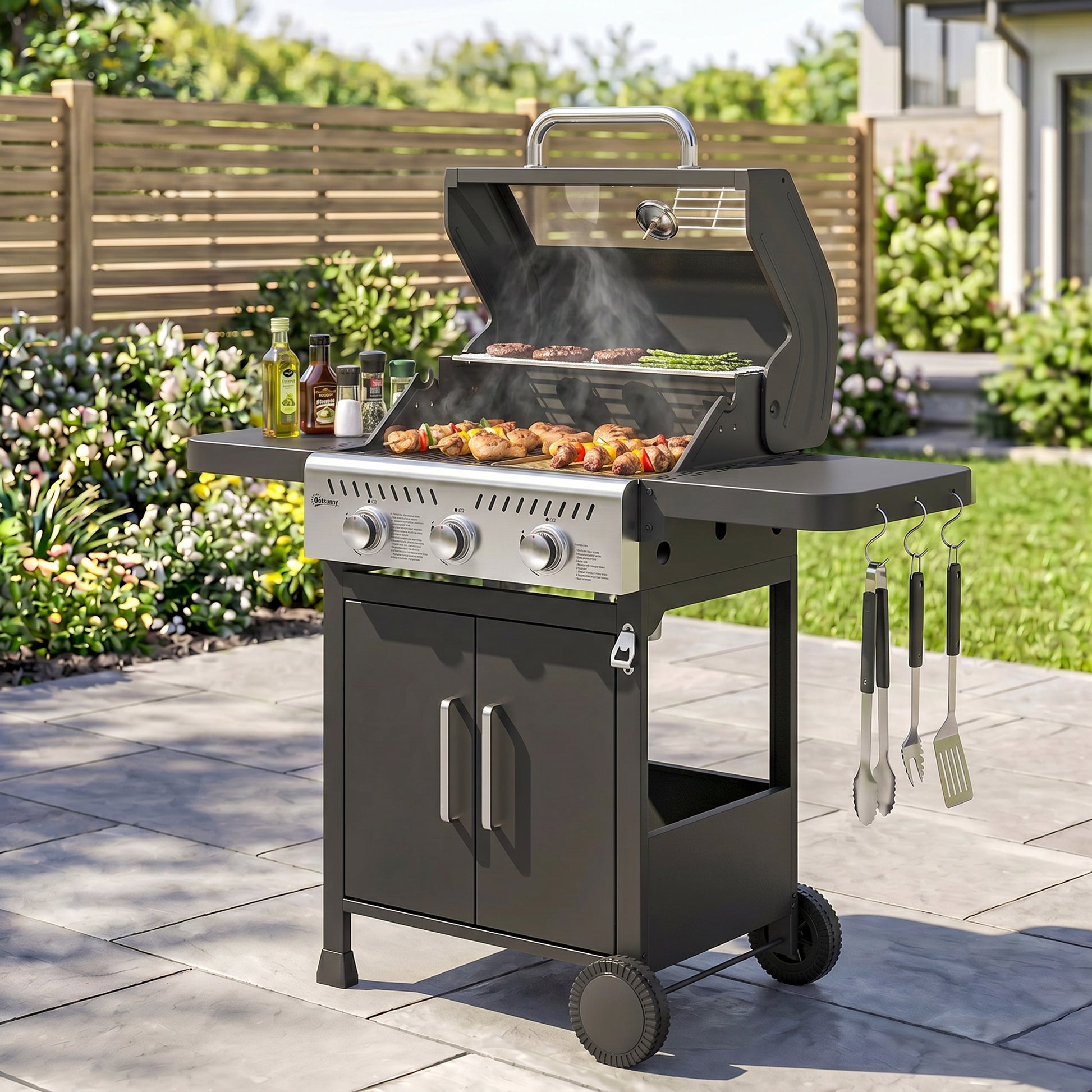 Outsunny Barbacoa de Gas BBQ Gas Portátil con 3 Quemadores 7,5 kW Termómetro Mesas Laterales Plegables Armario Rejilla Calentadora Parrilla Plancha Tapa con Ventana Recogedor y Recipiente Grasa Ruedas