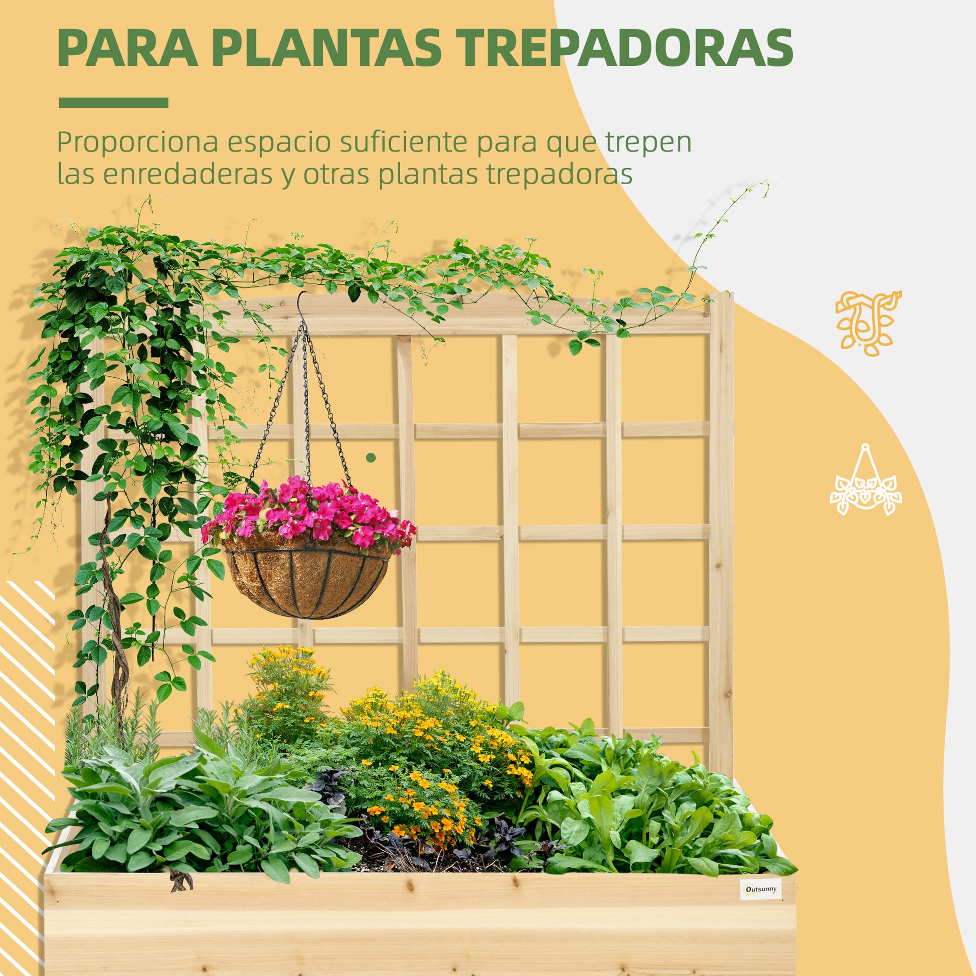Outsunny Jardinera de Madera con Enrejado Arriate de Jardín con Celosía Jardinera de Caja Huerto Urbano para Trepadoras Cultivos Verduras Flores 110x116x120 cm Natural