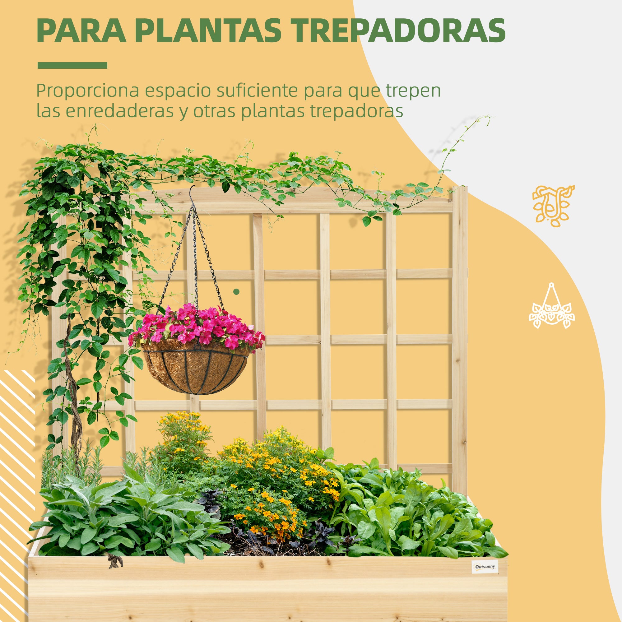 Outsunny Jardinera de Madera con Enrejado Arriate de Jardín con Celosía Jardinera de Caja Huerto Urbano para Trepadoras Cultivos Verduras Flores 110x116x120 cm Natural