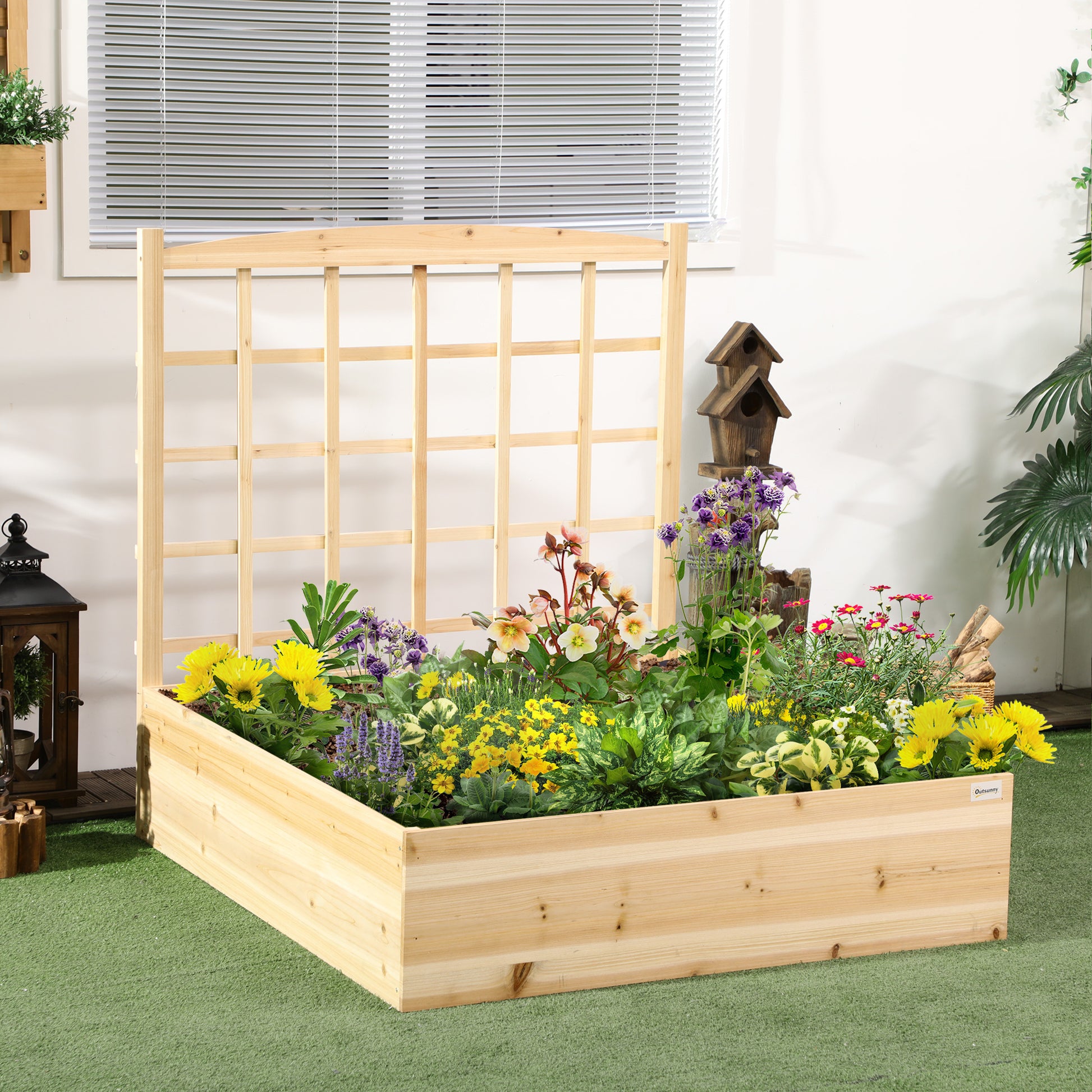 Outsunny Jardinera de Madera con Enrejado Arriate de Jardín con Celosía Jardinera de Caja Huerto Urbano para Trepadoras Cultivos Verduras Flores 110x116x120 cm Natural