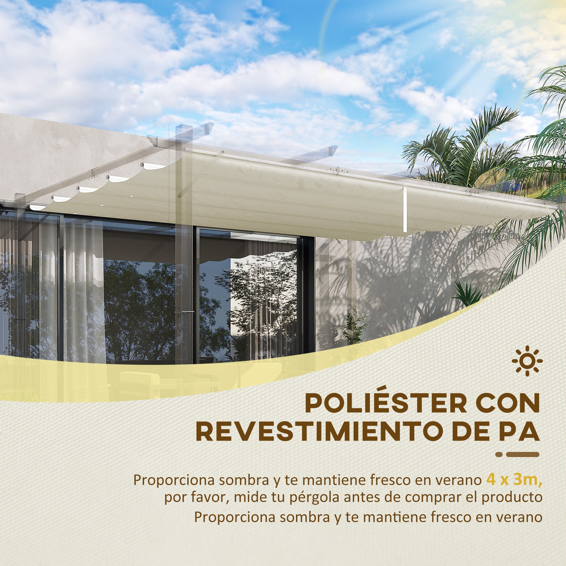 Outsunny Techo de Pérgola 3,5x2,6 m Techo de Repuesto Retráctil para Sombrilla Toldo de Tela para Cenador Jardín con 10 Orificios de Drenaje Crema