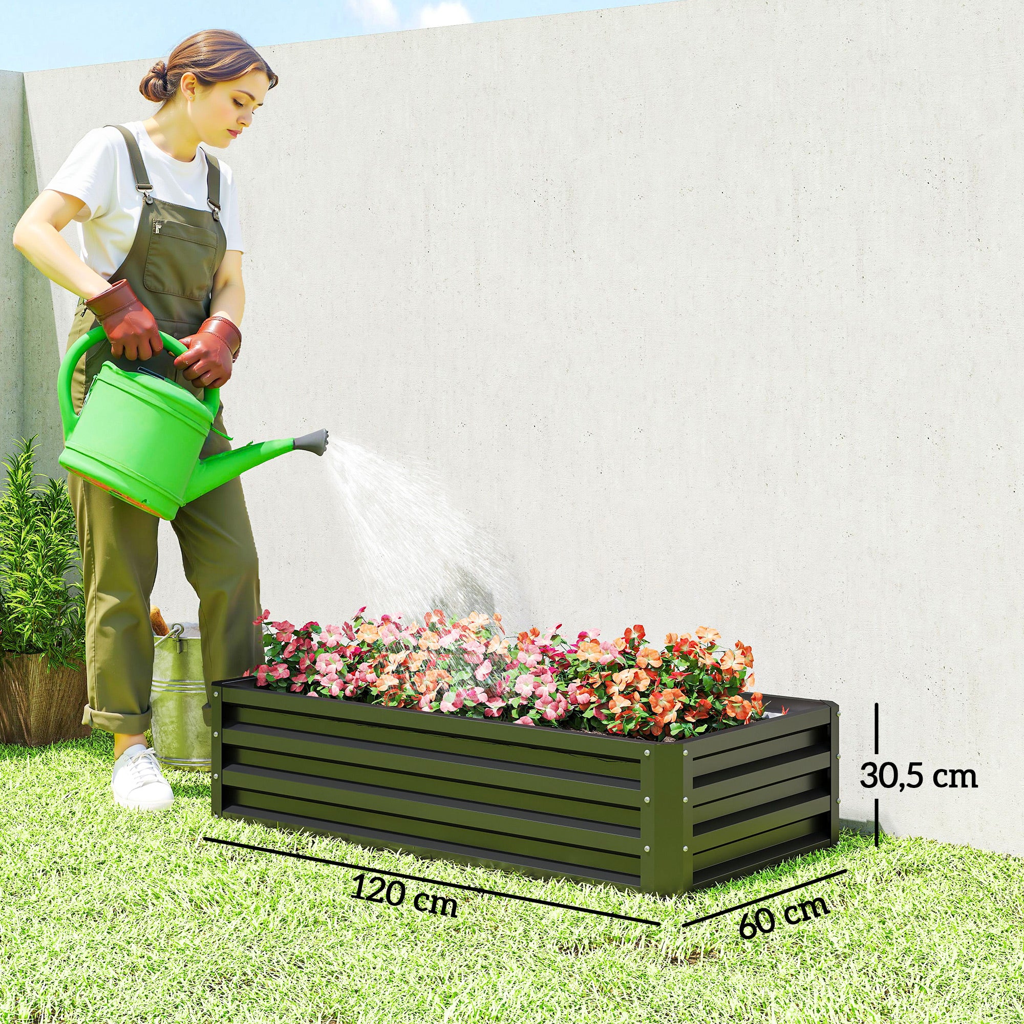 Outsunny Jardinera Exterior Grande de Acero Galvanizado, Huerto Urbano Elevado para Cultivar Plantas, Flores, Hierba, Macetero Exterior Rectangular con Fondo Abierto, 120x60x30,5 cm, Gris