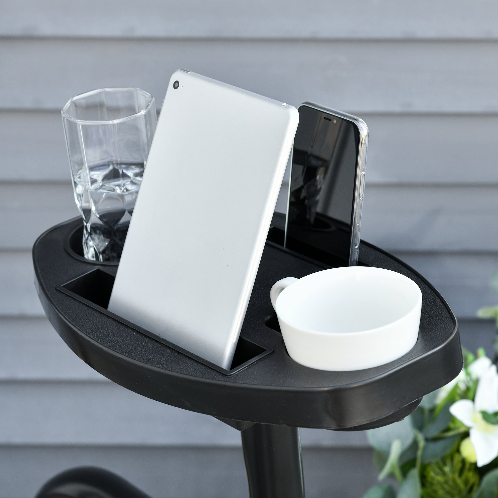 Outsunny Soporte para Silla Colgante 190 cm Sostén para Columpio con Mesita Lateral Carga Máx. 120 kg Estructura de Metal para Patio Jardín Negro