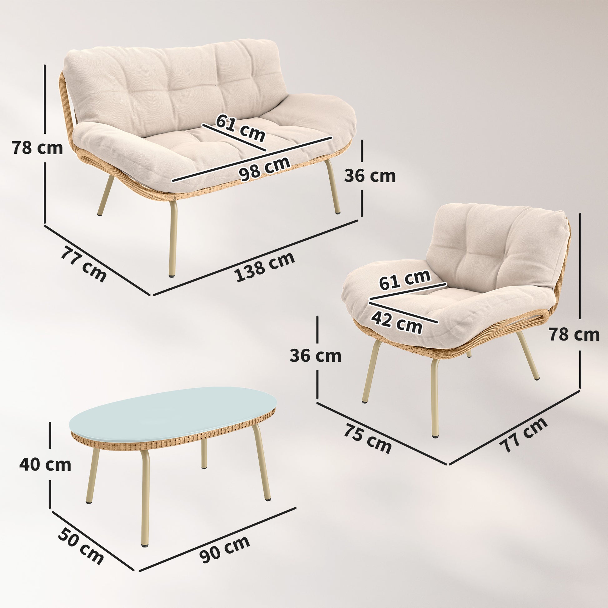 Outsunny Conjunto de Jardín Exterior de Ratán, Muebles Jardín Exterior 4 Piezas, con Cojines, Sofá Doble, 2 Sillones y Mesa de Centro de Cristal, Estructura de Metal, Beige